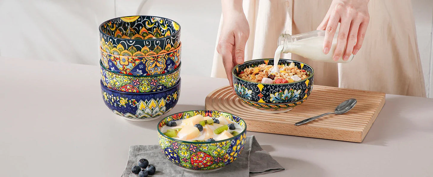 Bohemian Ceramic Bowl Set of 6 (28 Oz) - Colorful Soup, Cereal, Pasta, Salad, Fruit Bowls