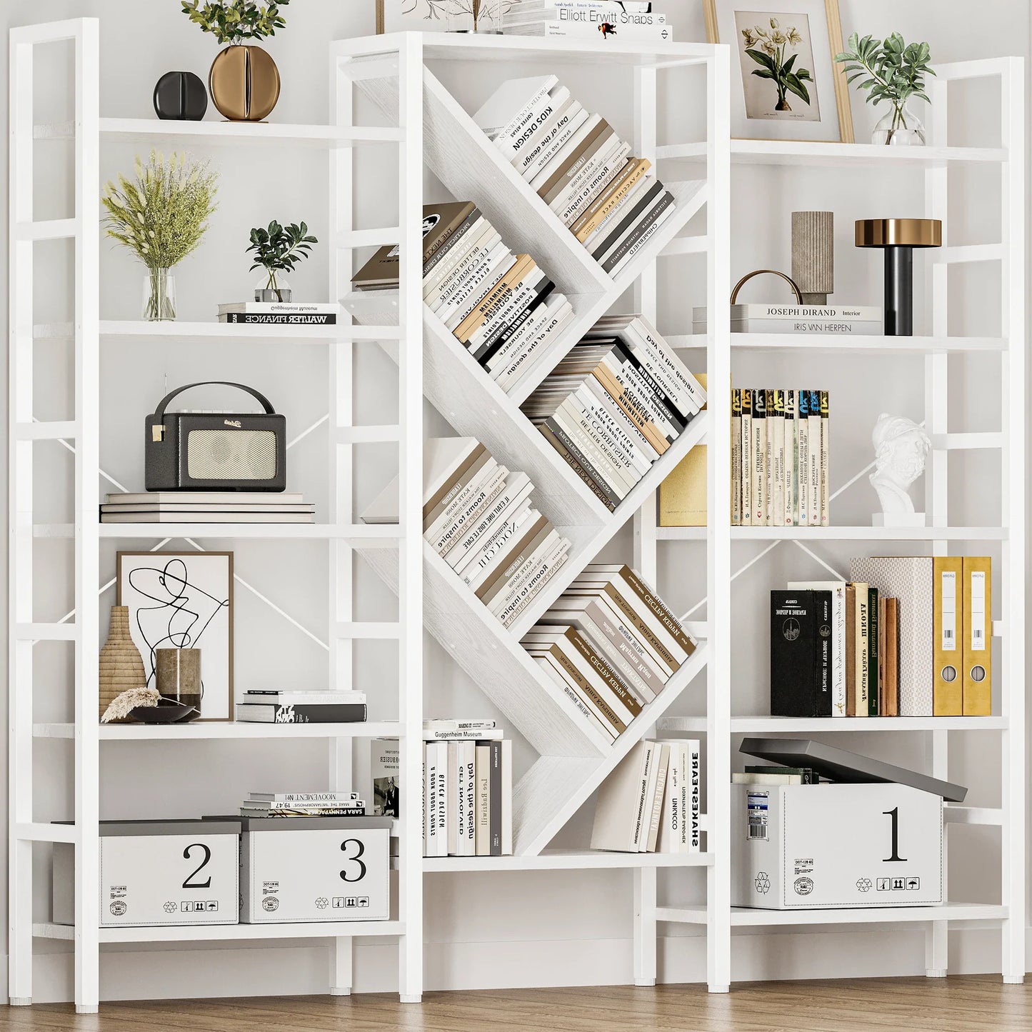 Triple 5 Tier Bookshelf, Large Wooden Bookcase with 17 Open Display Shelves Metal Frame
