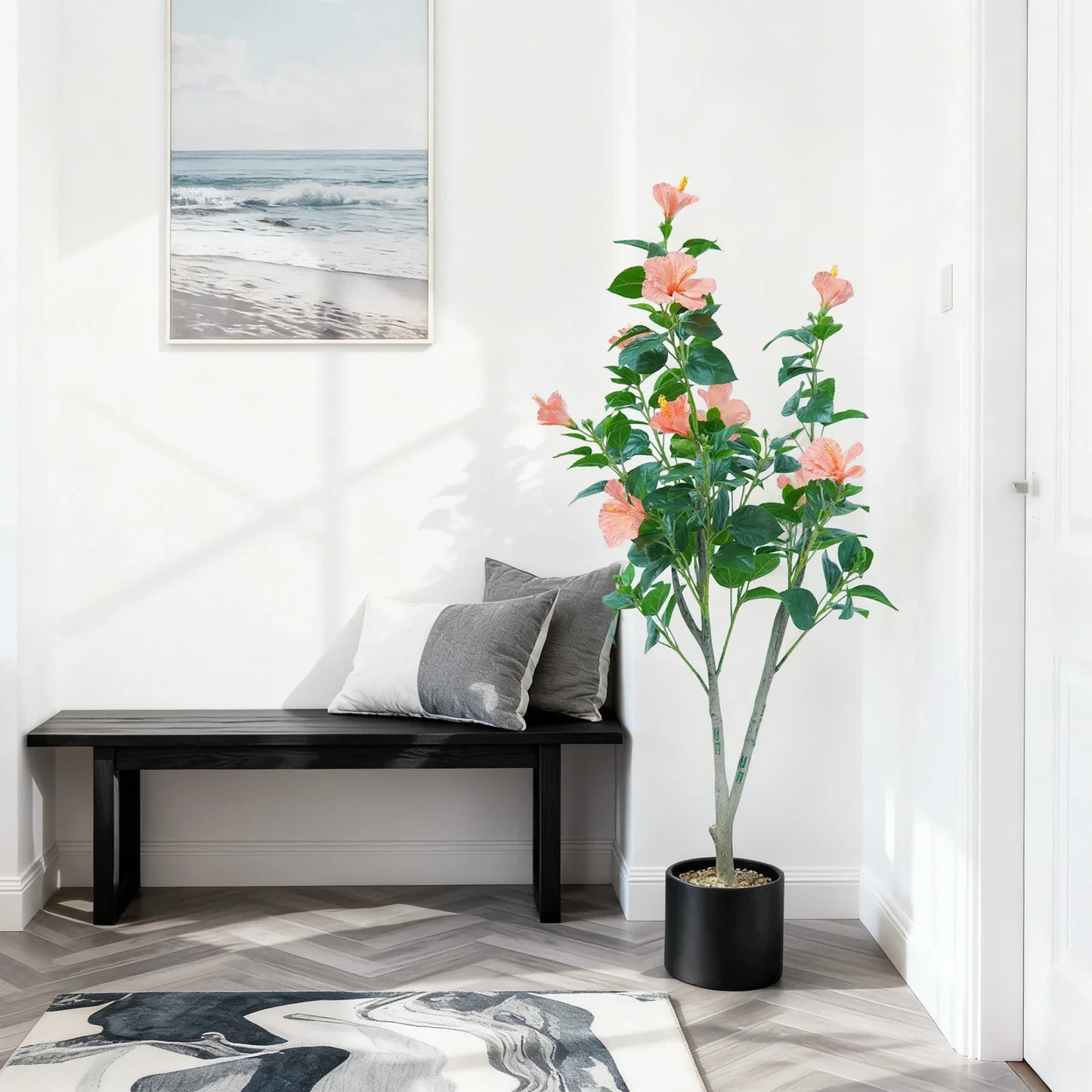 1Pcs  Hibiscus Artificial Tree Faux Tree with Red Hibiscus Flowers  for Front Porch Office Home