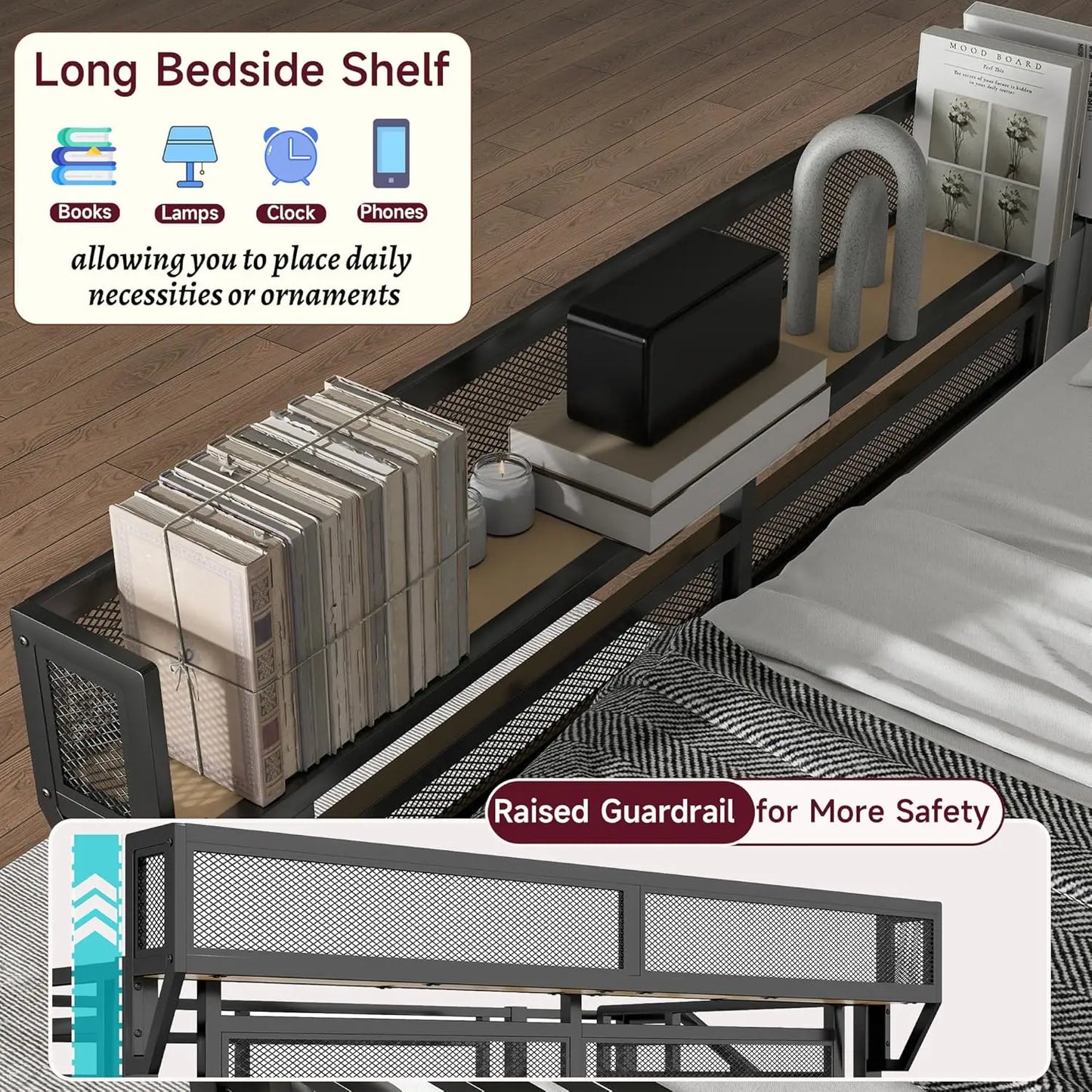 Full Size Loft Bed With Stairs And Storage, Metal Loft Bed Frame WithLarge Under-Bed Space