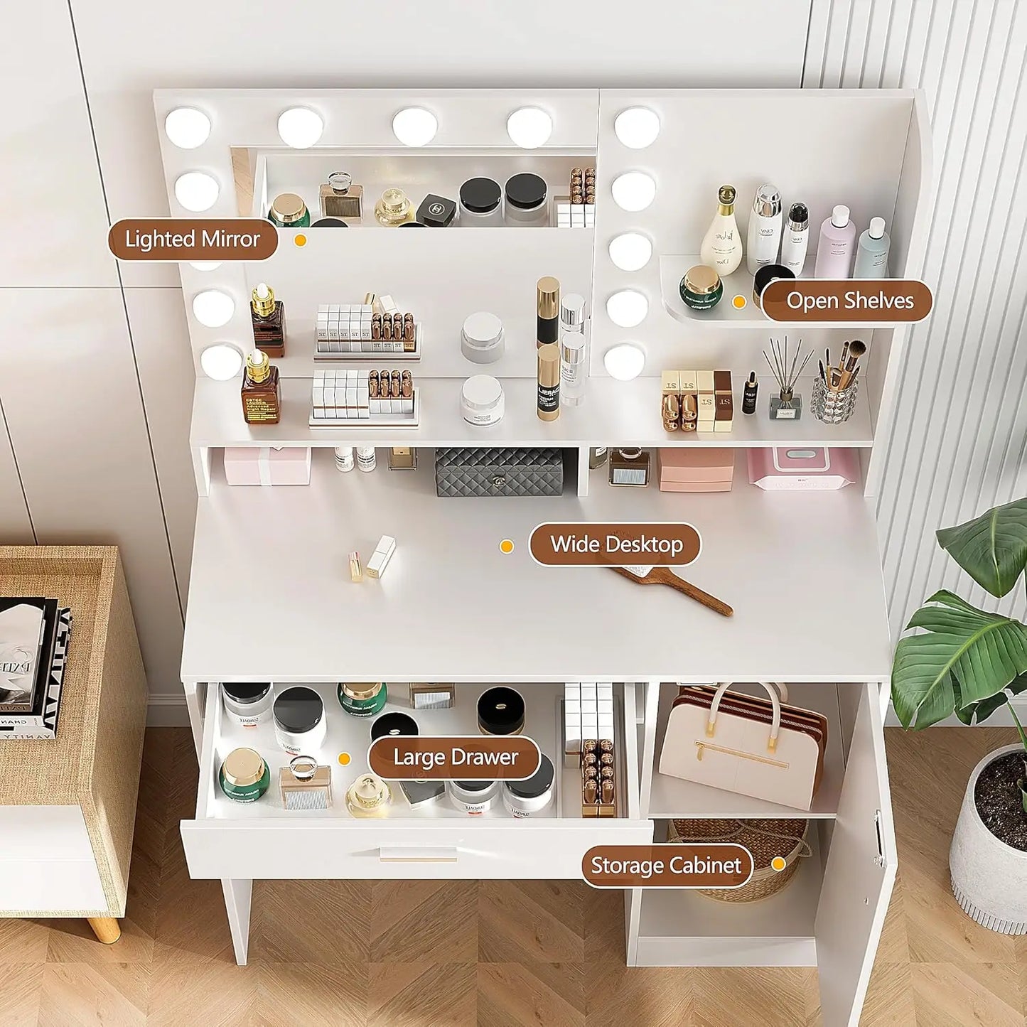 White Makeup Vanity Desk with Mirror, Lights, Drawers & Cabinet