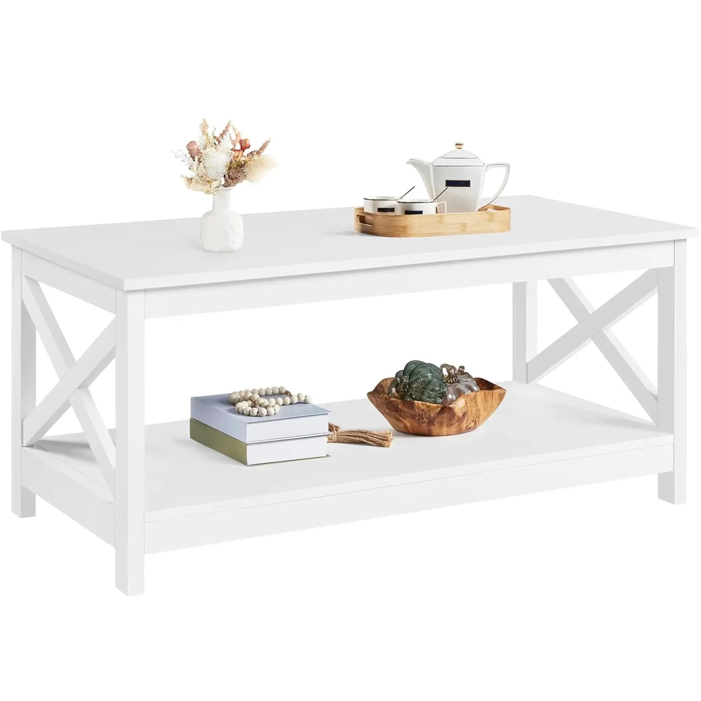 Wood 2-Tier Black Coffee Table with Storage Shelf for Living Room,