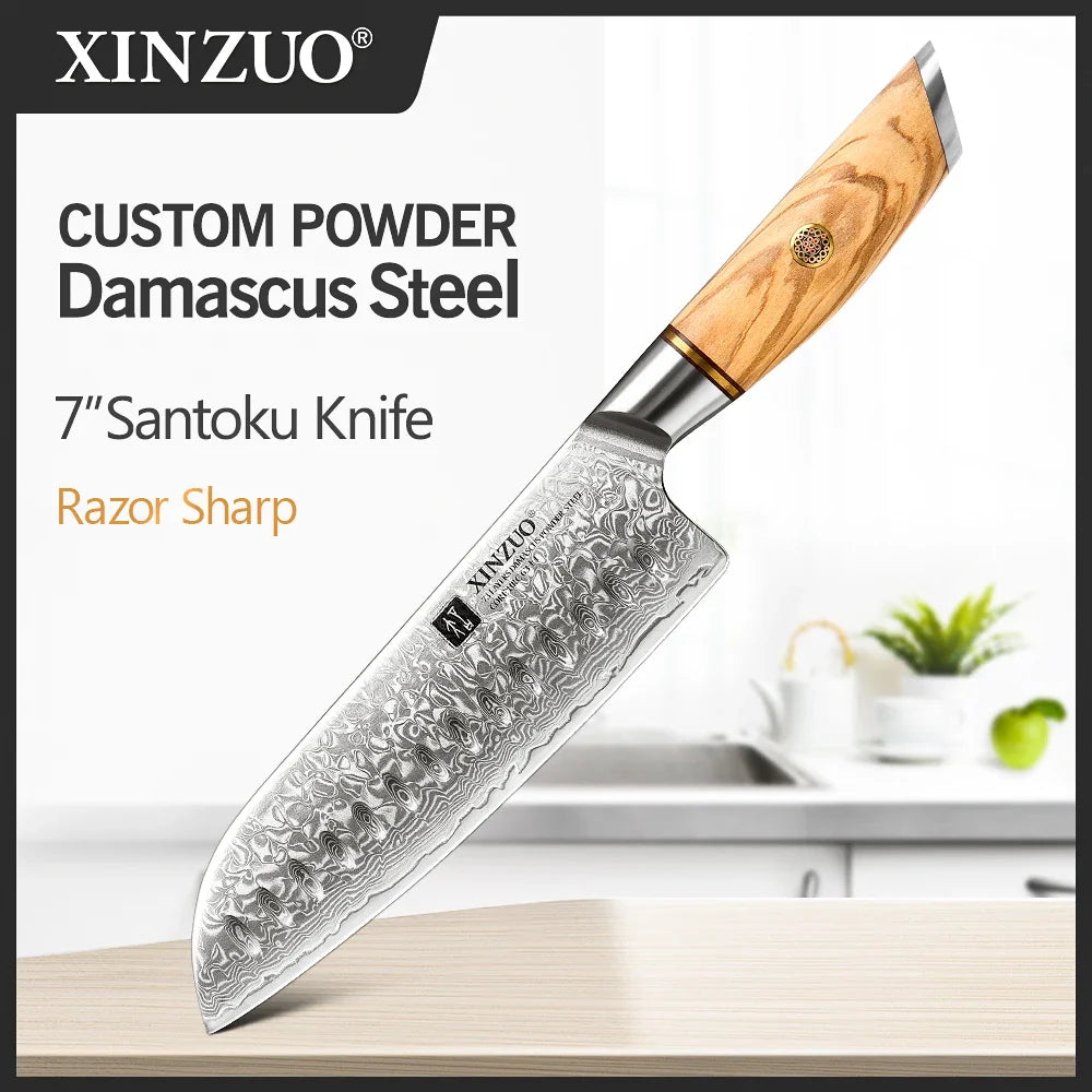 XINZUO 1-8pcs Kitchen Knife Set 73 Layers Custom Damascus Steel  with Olive Wood Handle