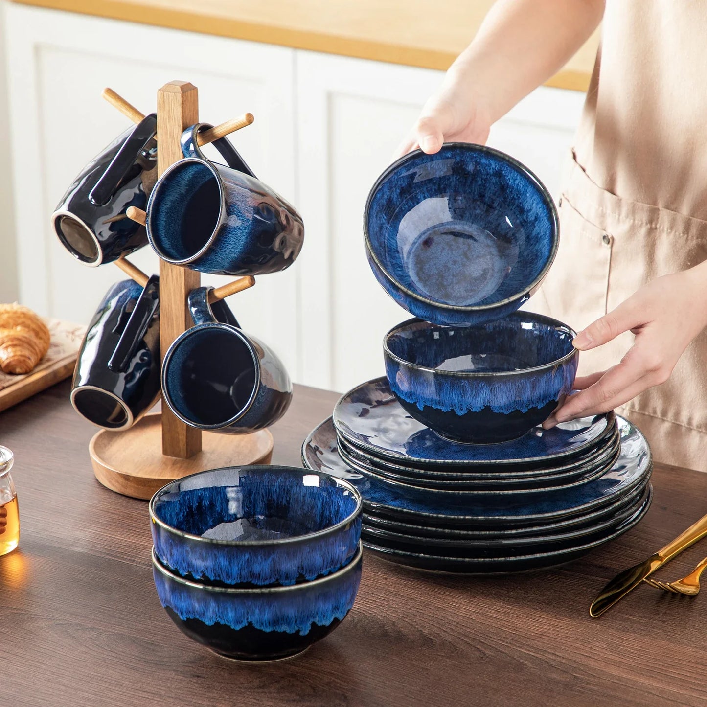 vancasso 16/32/48-Piece Starry Blue Dinner Set with Dinner Plate,Dessert Plate,Bowl,Mug