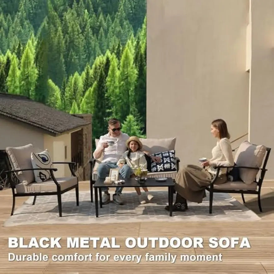 4-Piece Patio Furniture Set, Wider Outdoor Metal Seating Sofa with High Back & Loveseat, Coffee Table