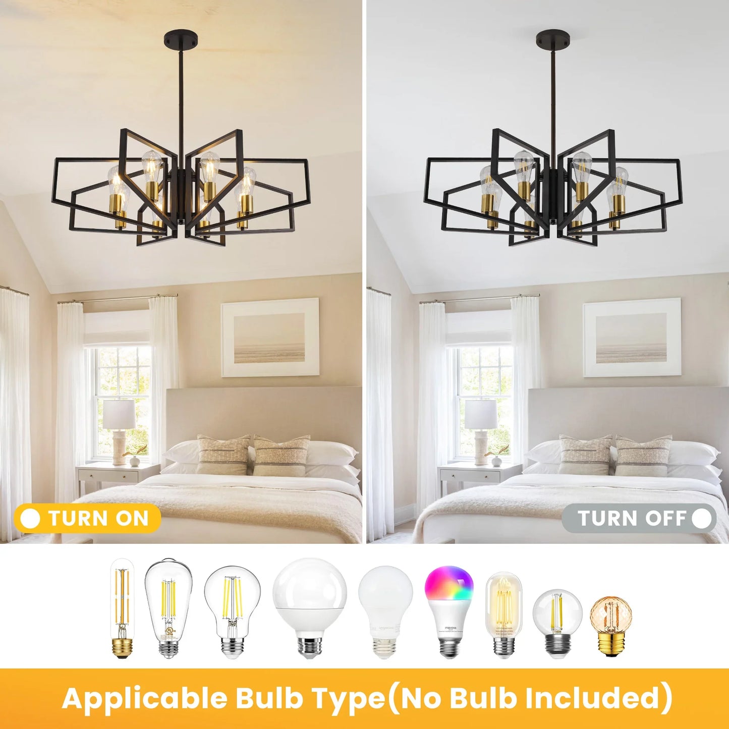 Modern 8-Light Geometric Chandelier Adjustable Height  Light with Black Frame & Golden Accents