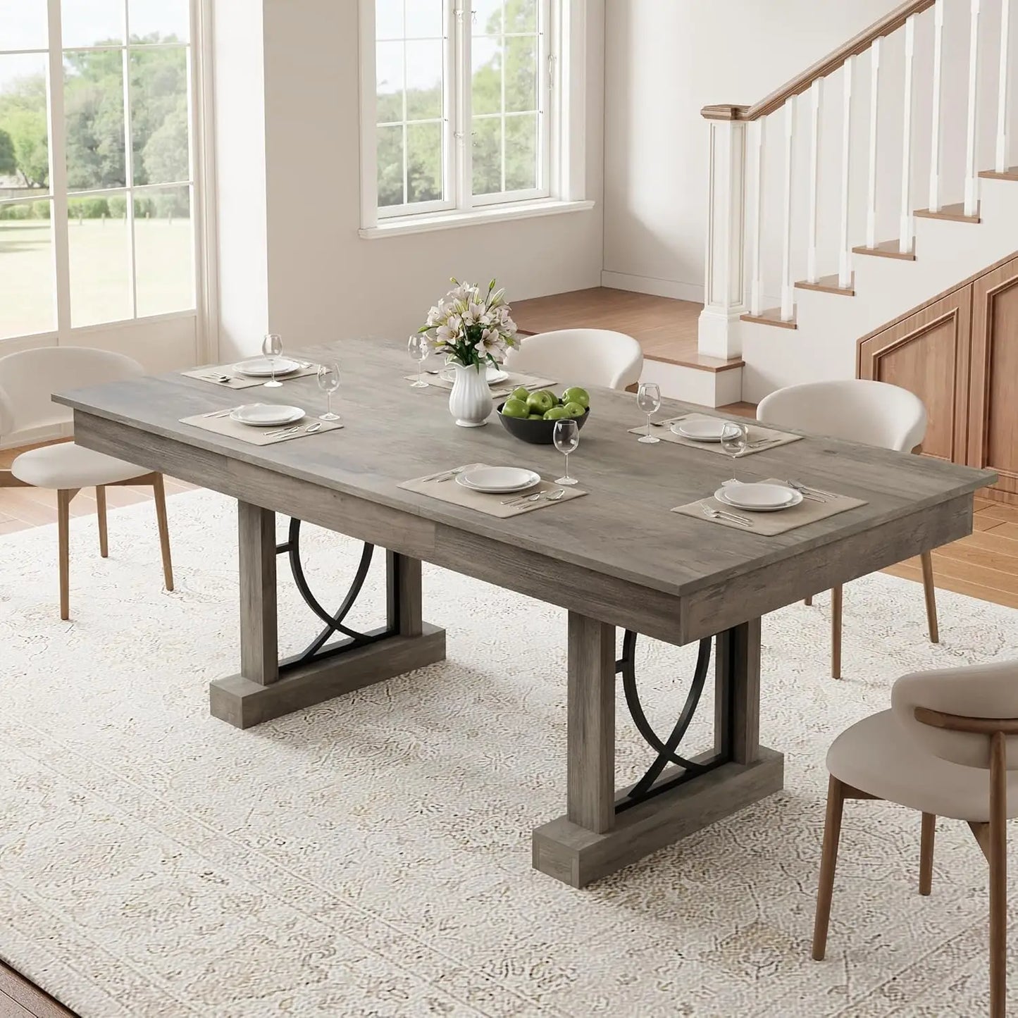 71-Inch Wooden Kitchen Table with Two Drawers Rectangular Large Dining Table