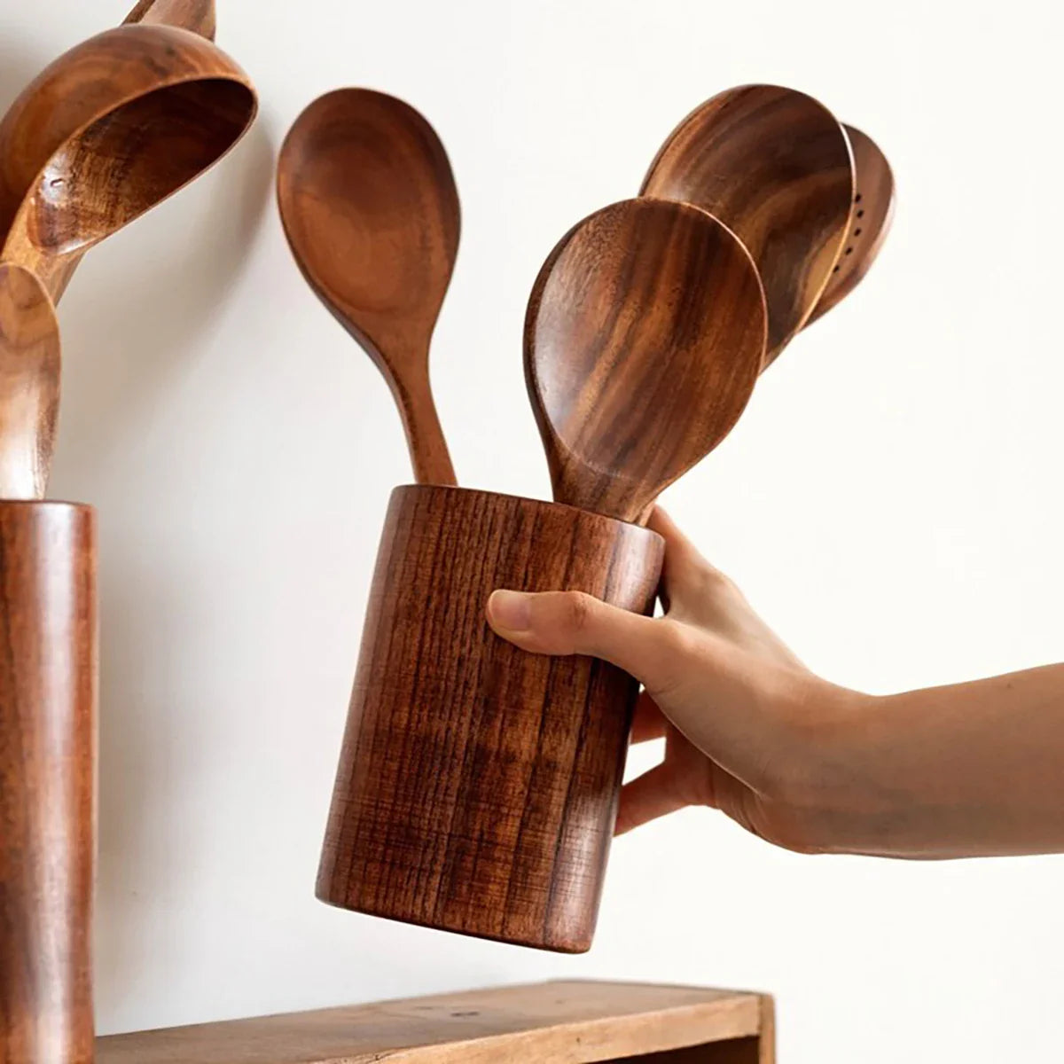 Wood Kitchenware Cooking Set Household Spatula Spoon Set Salad Spoon Fork Stirring Spoon With storage bucket