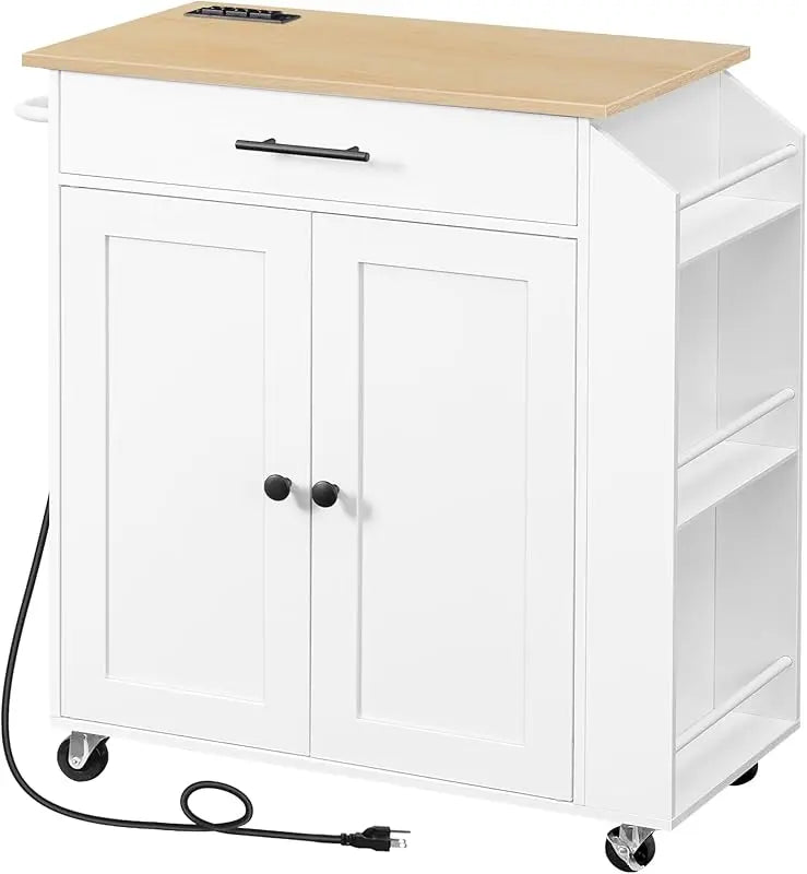 Rolling Kitchen Island with Power Outlet Spice Rack & Drawer Natural & White