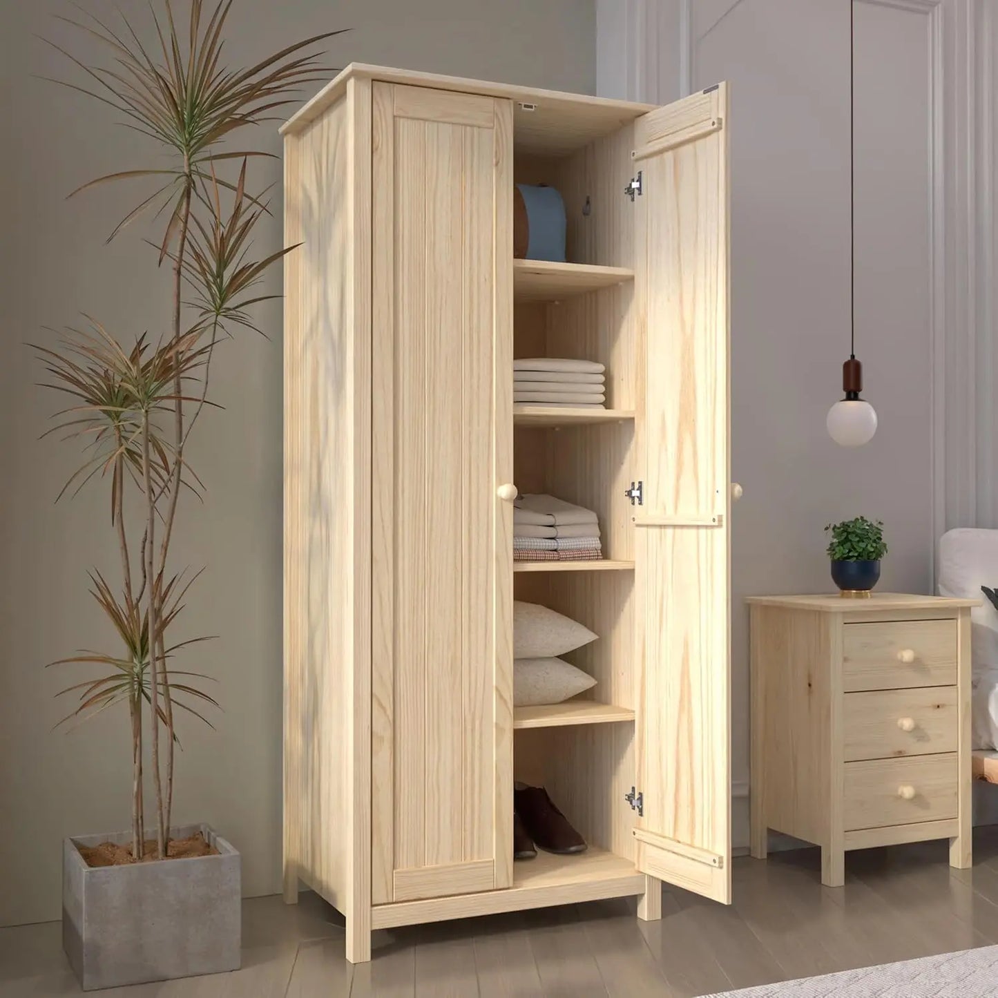Solid Wood Armoire – 2-Door Wardrobe Cabinet with Adjustable Shelves, Tall Bedroom Storage Closet, Unfinished