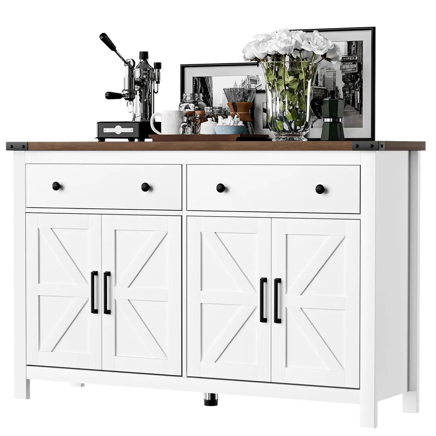 Buffet Cabinet with Storage Farmhouse with 4 Doors and 2 Drawers, 55'' Large Kitchen Storage  Blue Wood