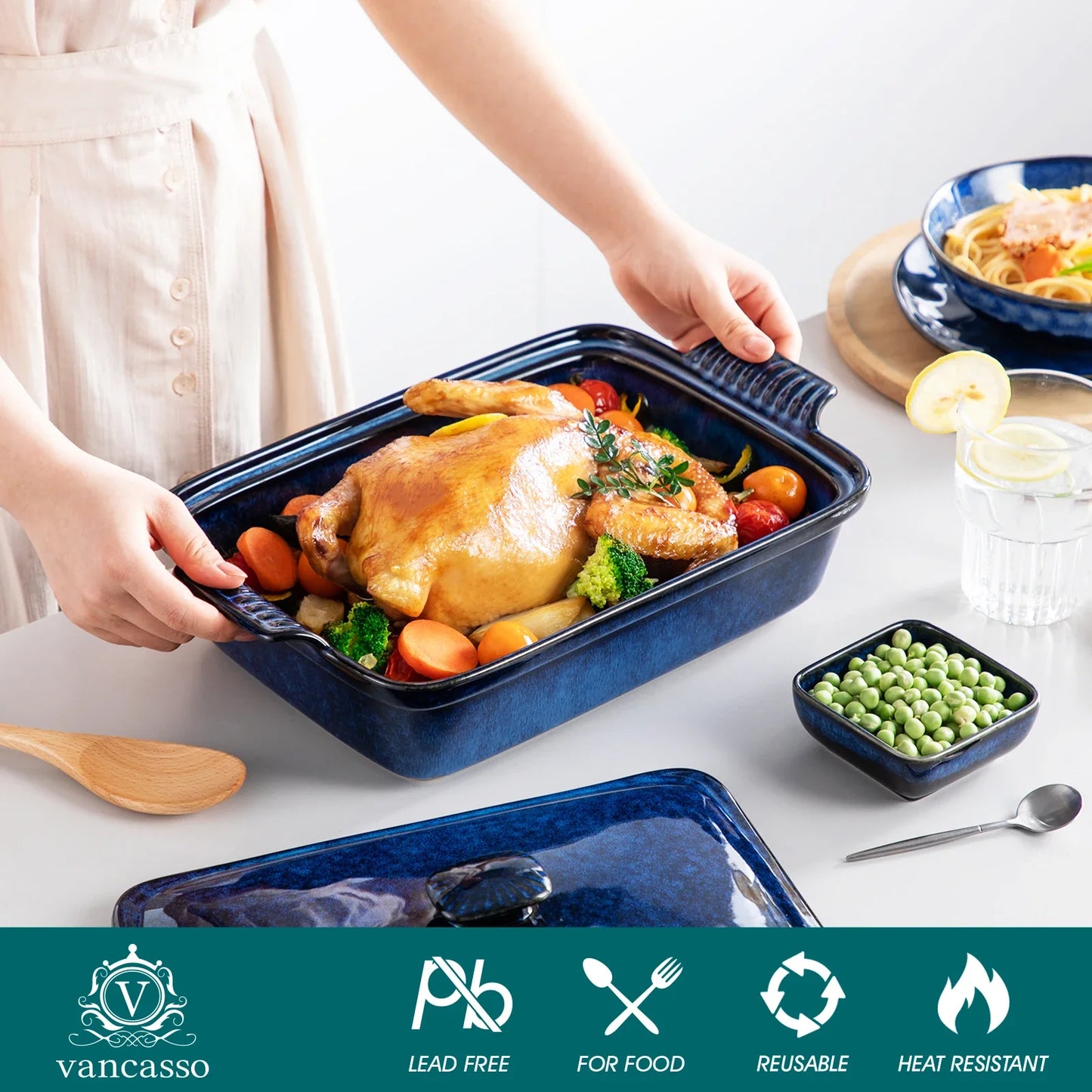 vancasso Starry 3.8/1.9 Quart Blue Casserole Baking Dish with lid