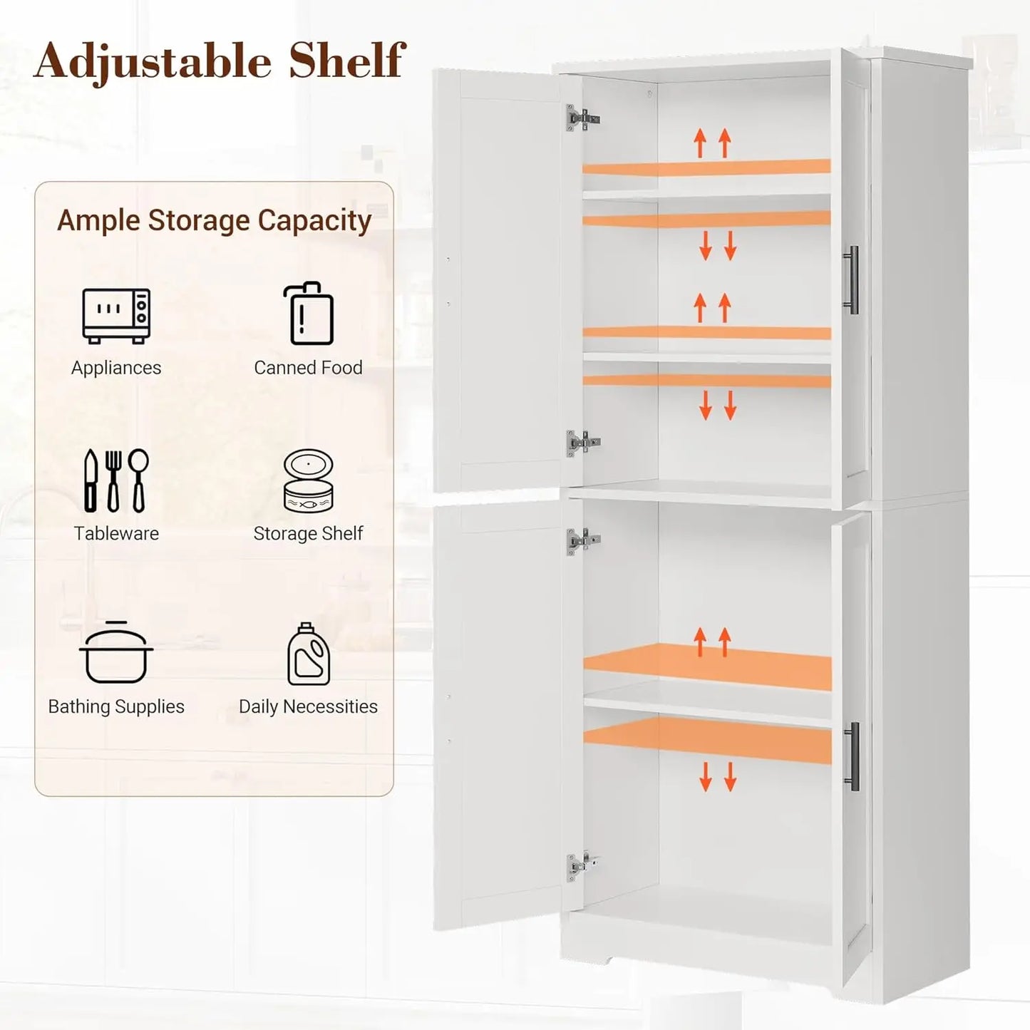 70 Inch Tall Kitchen Pantry Cabinet, Freestanding Storage Cabinet with 4 Doors and Adjustable Shelves,