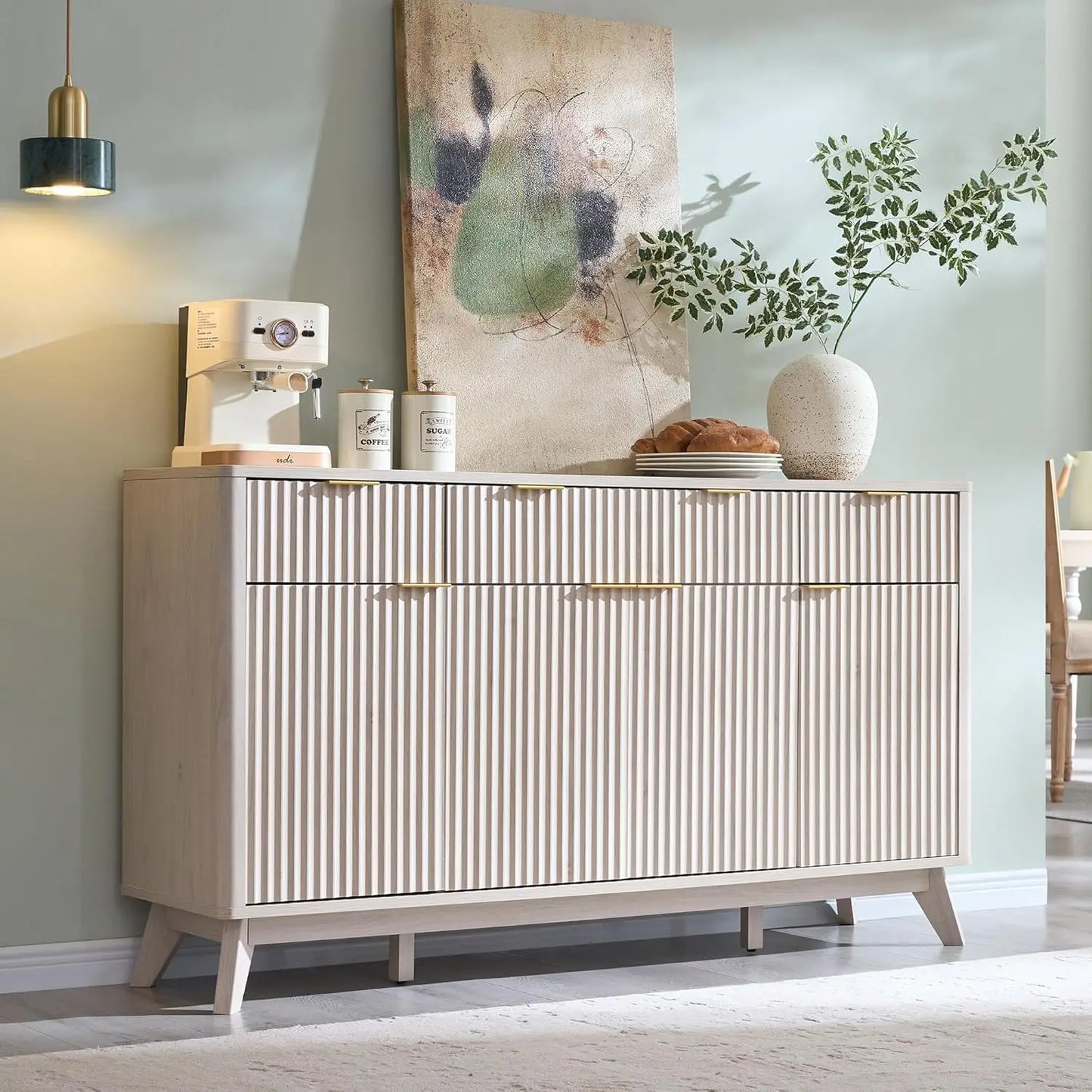 Fluted Buffet Sideboard Cabinet With Storages, Coffee ,Wine Bar Storage Cabinet With 3 Drawers