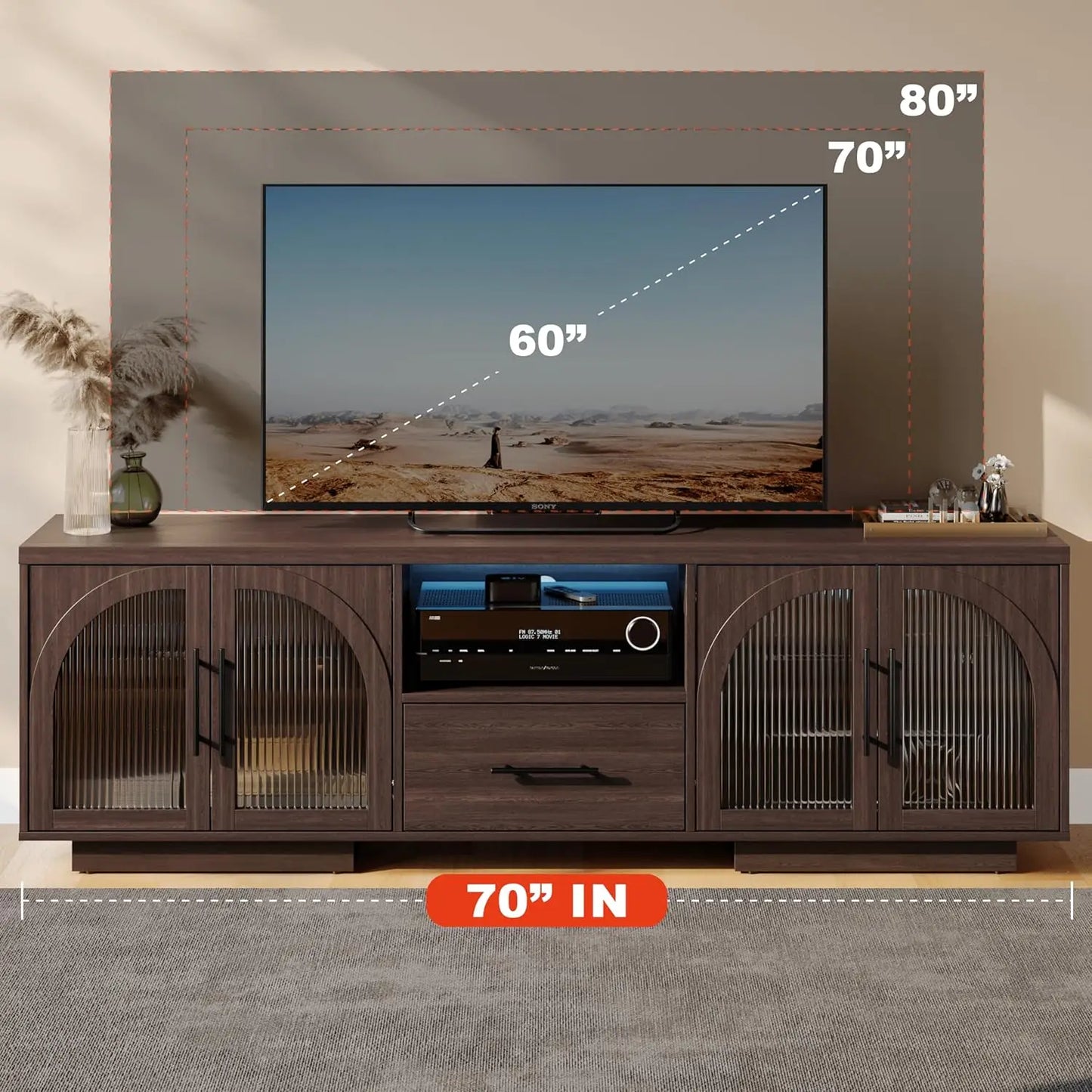 70 Inch TV Stand for 80 Inch TVs Entertainment Center with LED Lights Arched Glass Doors