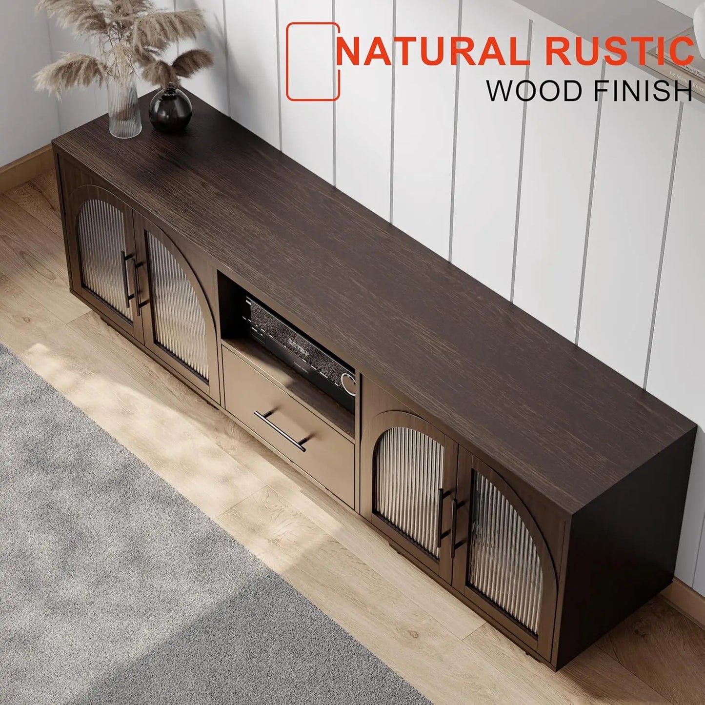 70 Inch TV Stand for 80 Inch TVs Entertainment Center with LED Lights Arched Glass Doors