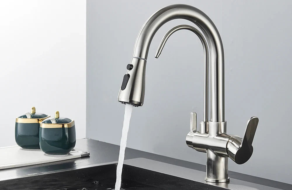 Quyanre Matte Black Filtered Crane For Kitchen Pull Out Spray 360 Rotation Water Sink Mixer Kitchen Faucet