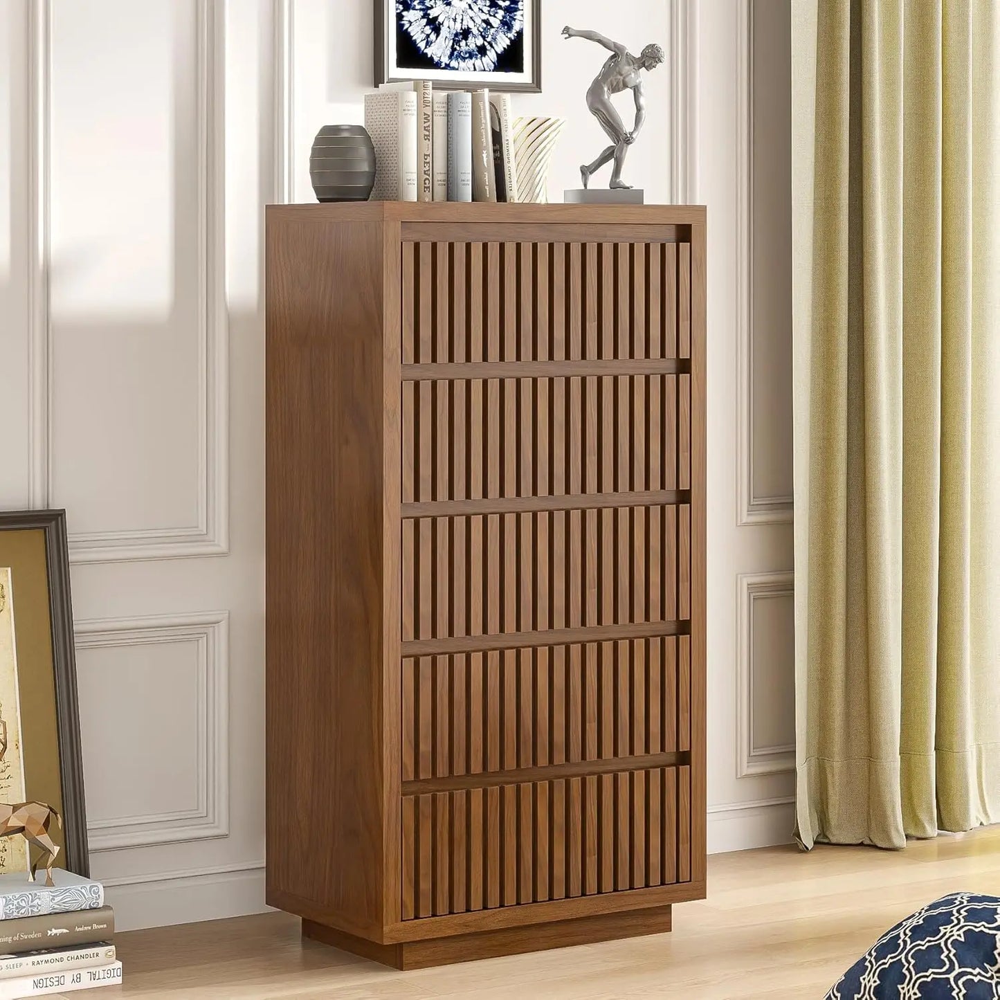 Fluted Long 9 Drawer Dresser, for Bedroom, 58" Wide Vintage Chest of Drawers