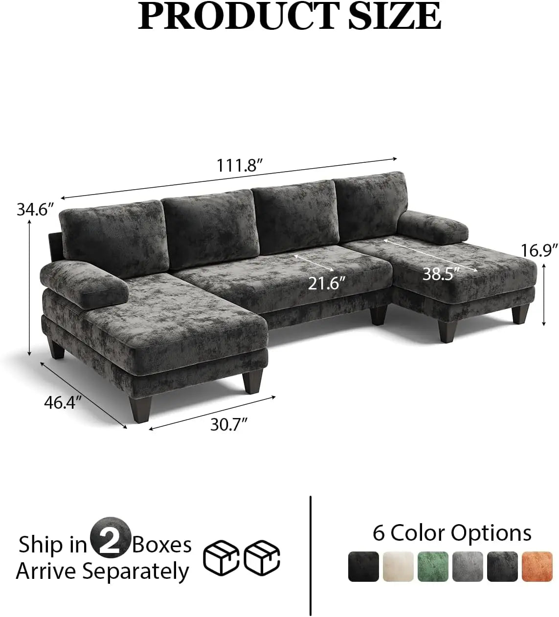 112 Inch U-Shaped Sectional Sofa, Dark Grey Chenille Fabric, Double Chaise for Living Room
