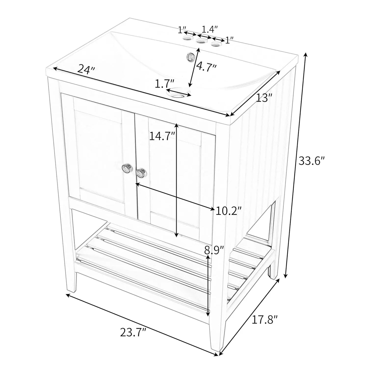 24 Inch Bathroom Vanity Sink Cabinet Solid Wood Door Open Shelf