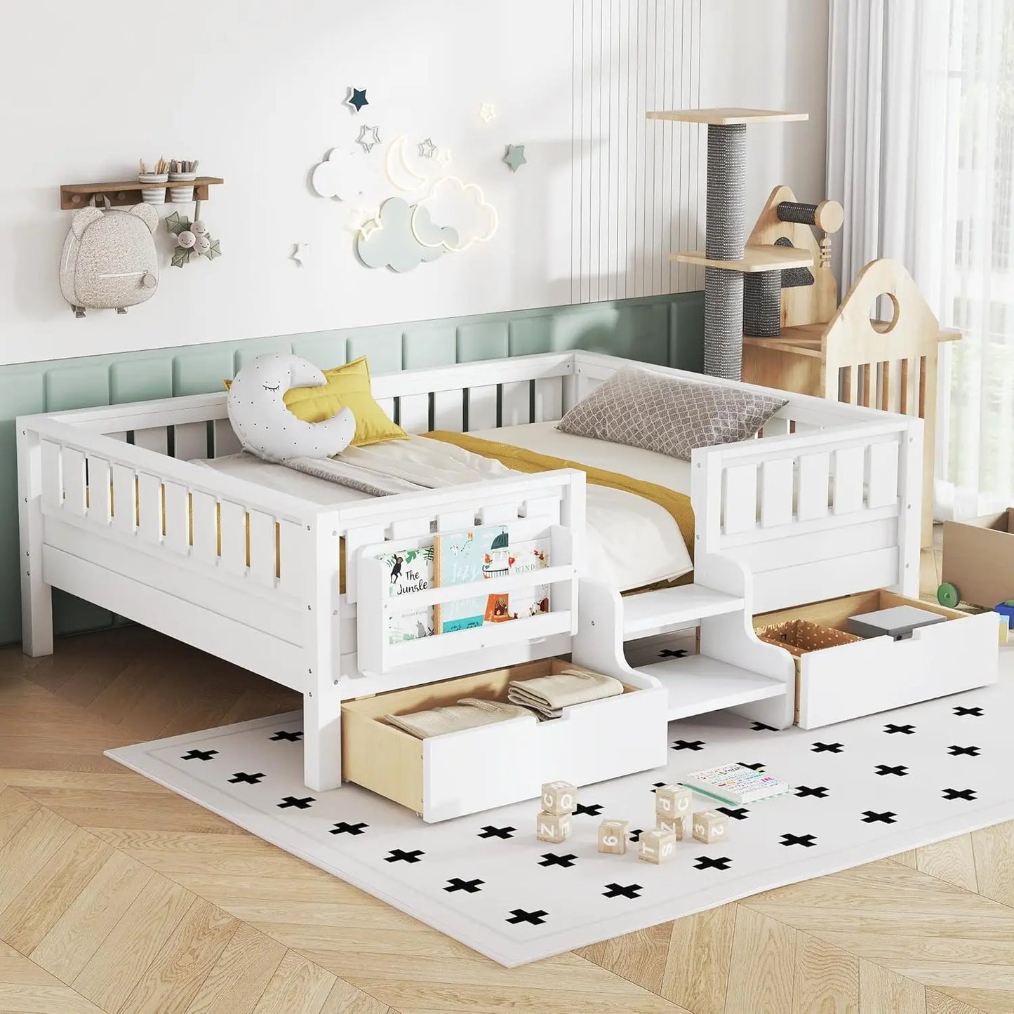 Full Size Kids Montessori Bed Frame with Stairs Bookshelf Drawers Storage Low Profile, 6 different finishes^








differeny