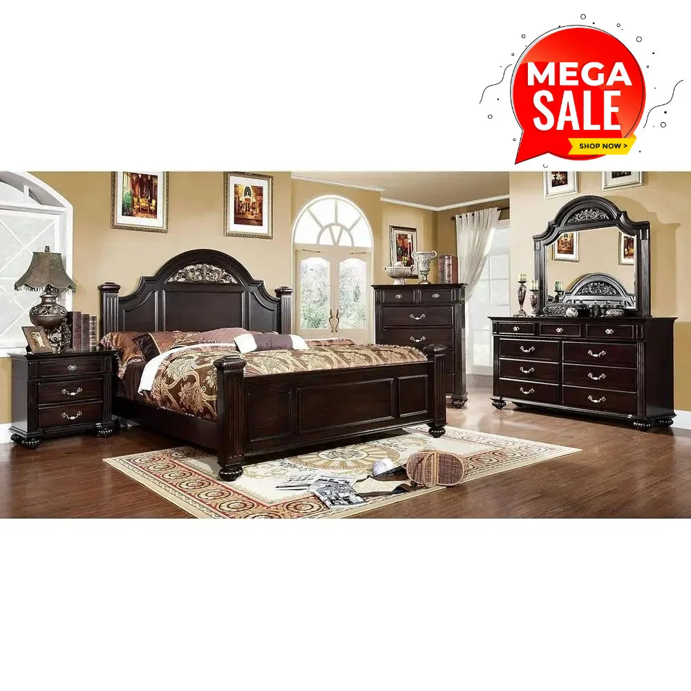 6-Piece Solid Wood Traditional Bedroom Set with Chest, Mirrored Dresser, 2 Nightstands,