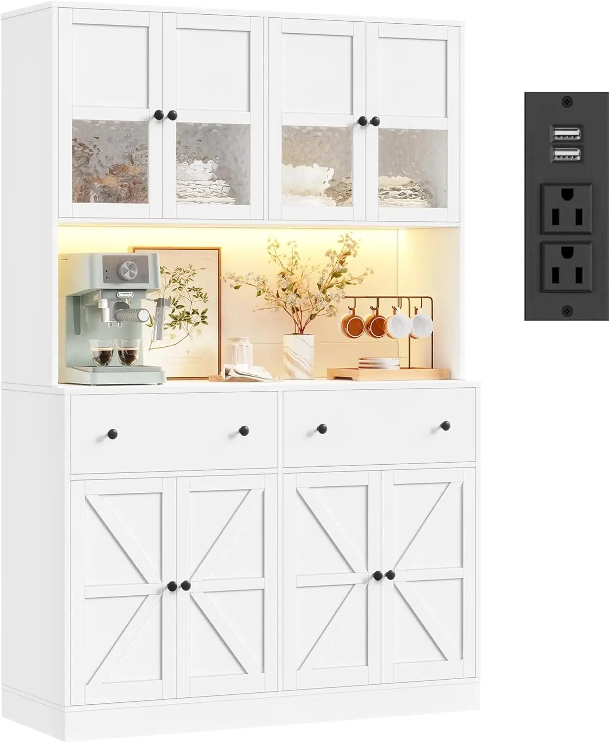 71 Inch Pantry with LED Light and Charging Station, Farmhouse Kitchen Pantry