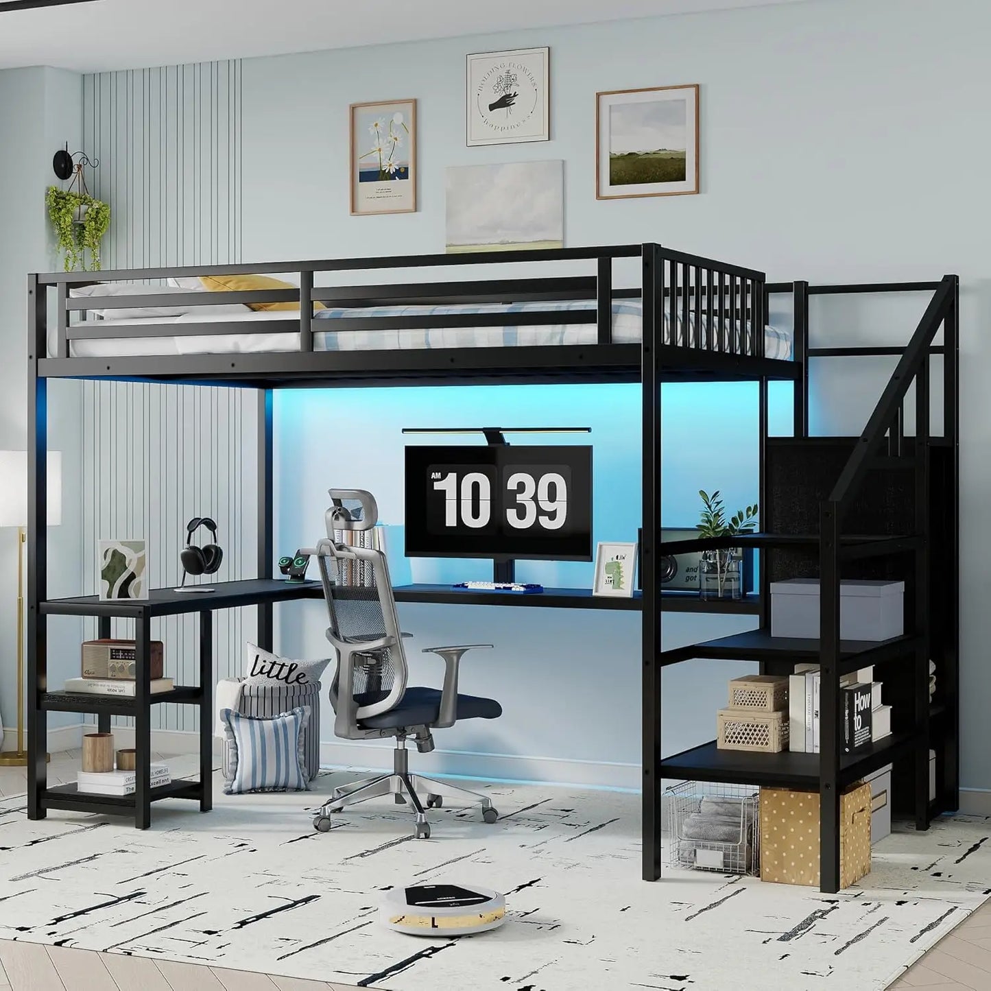 Full Size Loft Bed With Stairs And Storage, Metal Loft Bed Frame WithLarge Under-Bed Space