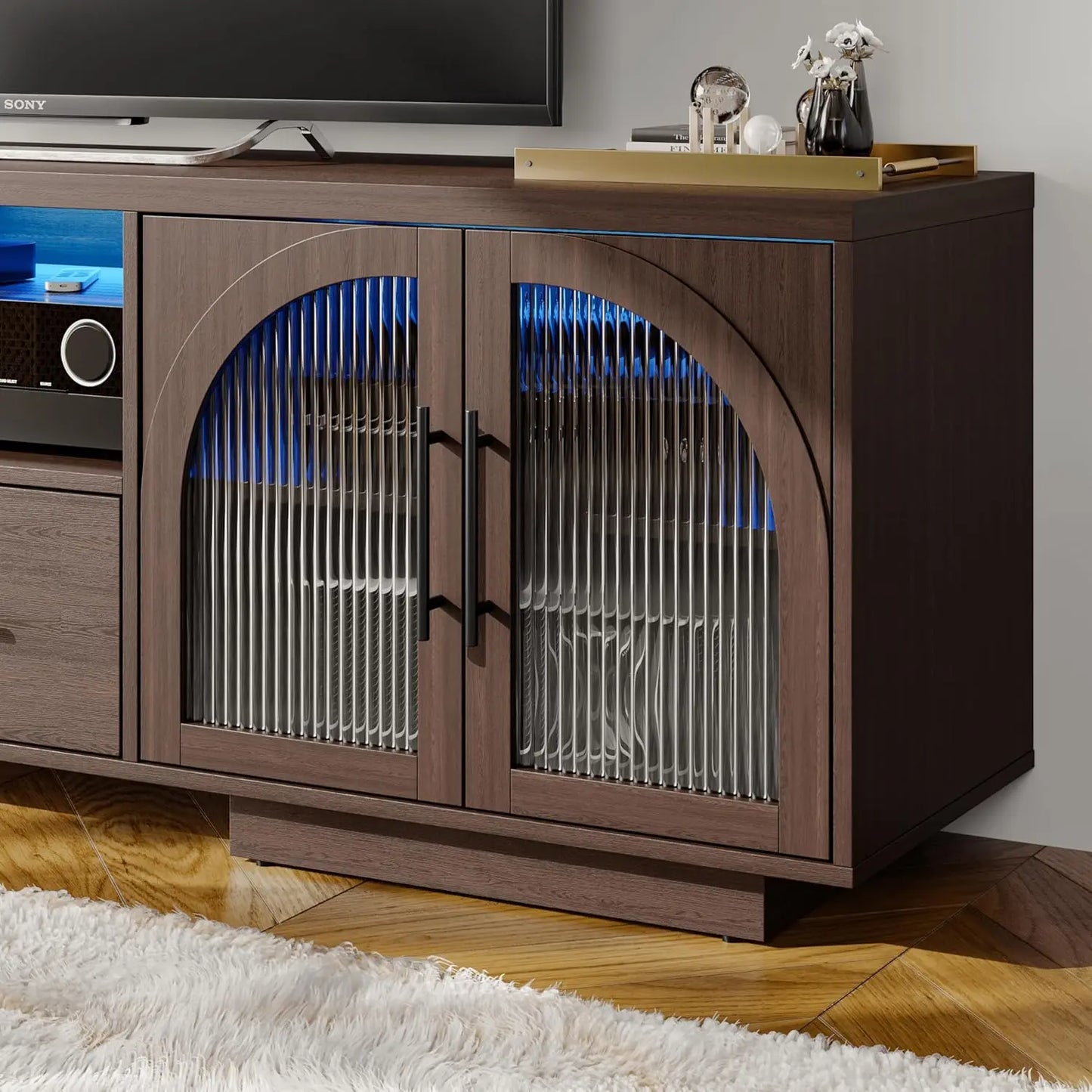 70 Inch TV Stand for 80 Inch TVs Entertainment Center with LED Lights Arched Glass Doors