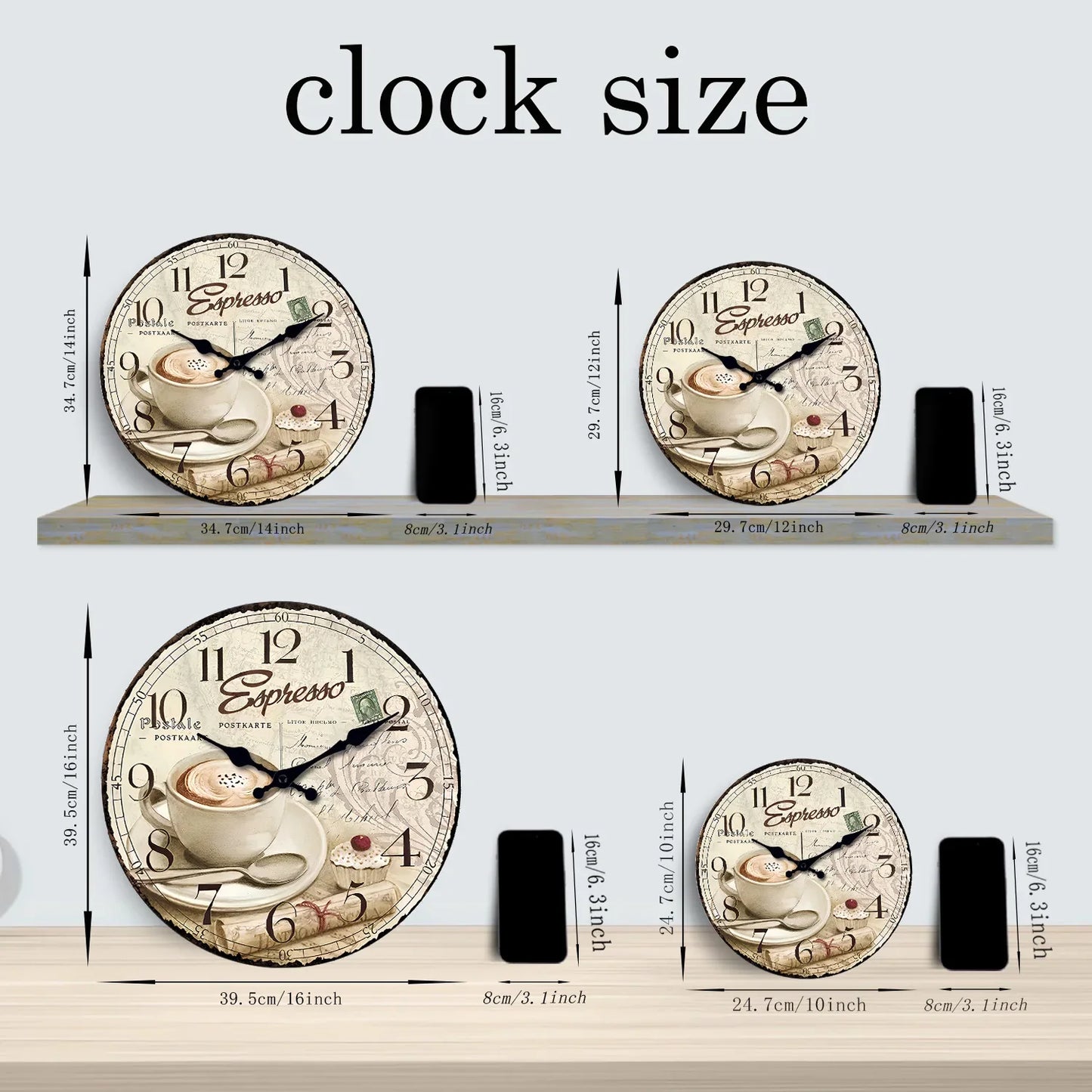 European Retro Coffee Cup Pattern Wooden Wall Clock for Kitchen, Home Decoration, Silent Quartz Clock,