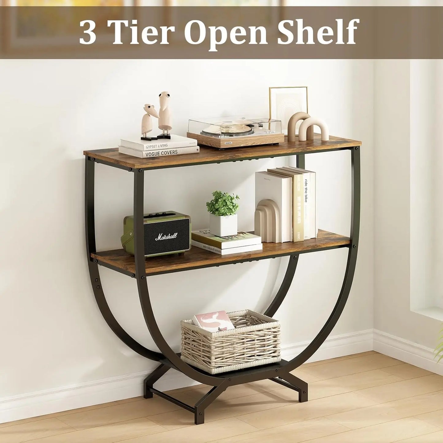3-Tier Industrial Console Table with Storage, 30" Height Entryway Sofa Table, Rustic Brown for Living Room