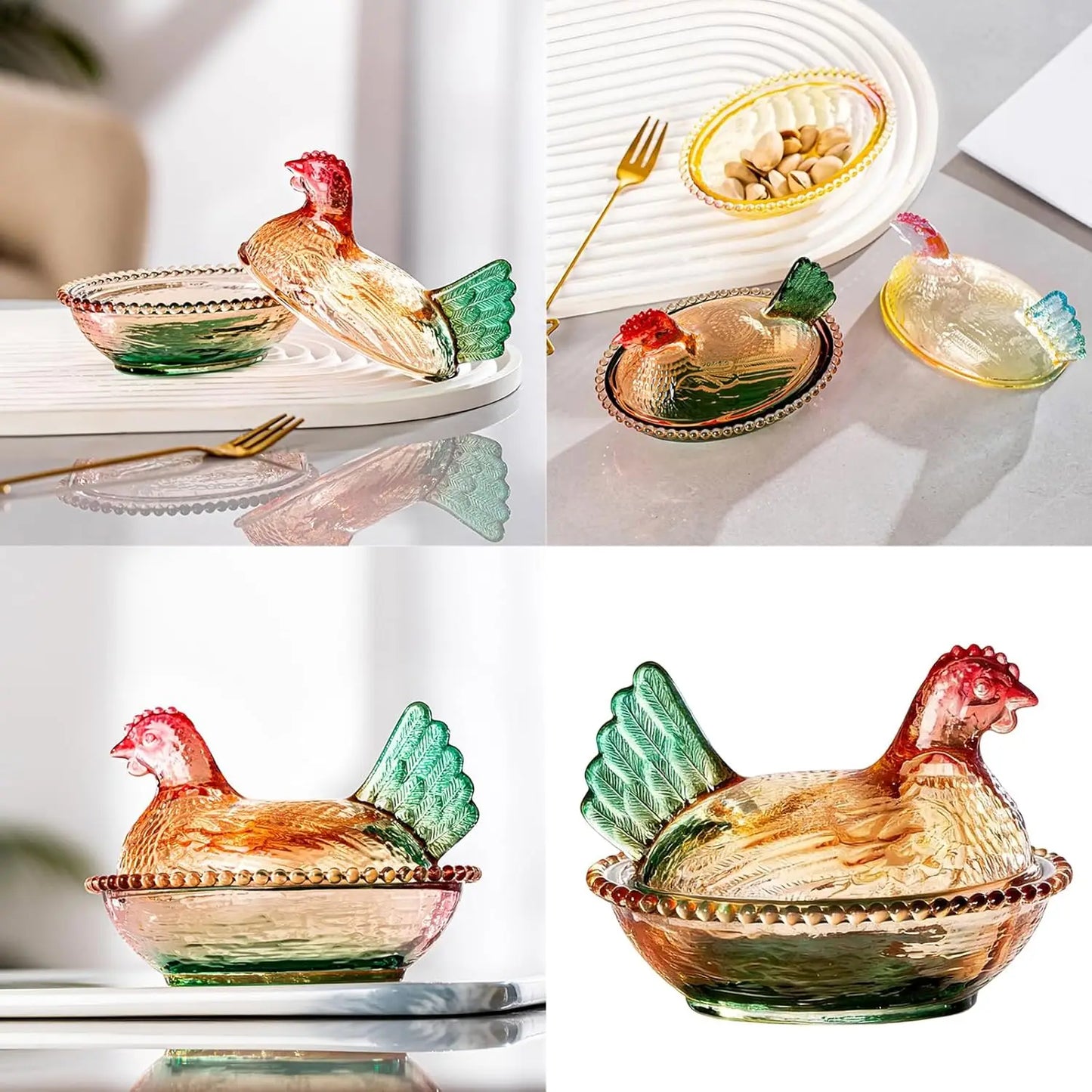 Glass Hen on Nest Candy Dish with Lid, Pastoral  Candy Bowl  with Lid,Muti-Color