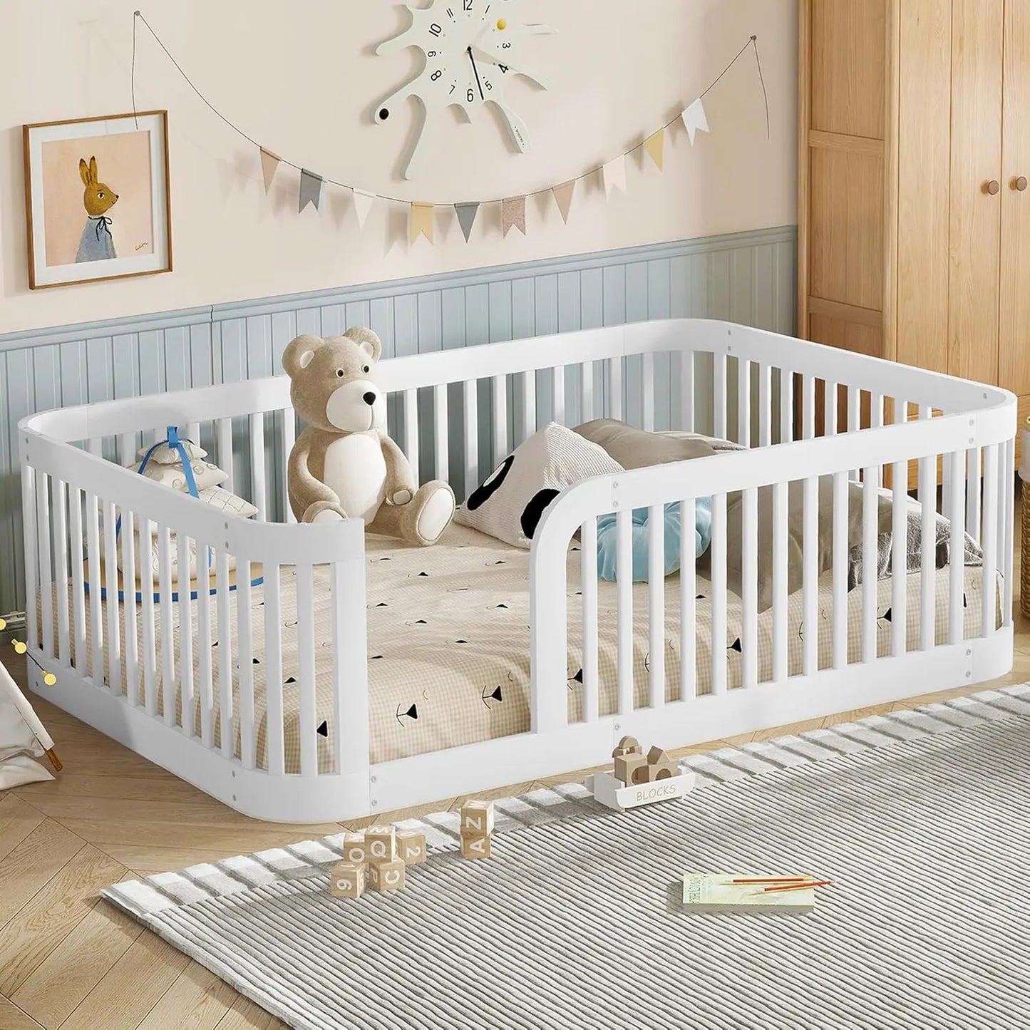 Full Size Kids Montessori Bed Frame with Stairs Bookshelf Drawers Storage Low Profile, 6 different finishes^








differeny