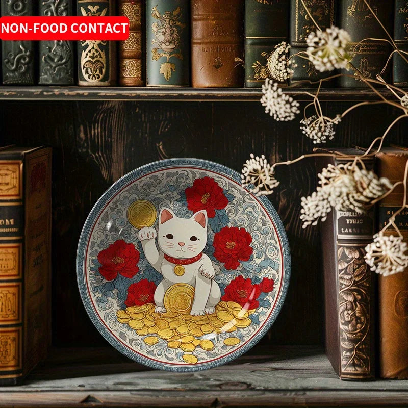 2D Flat, 8-Inch Round Plate  Decorative Ceramic Lucky Cat  1pc White Design