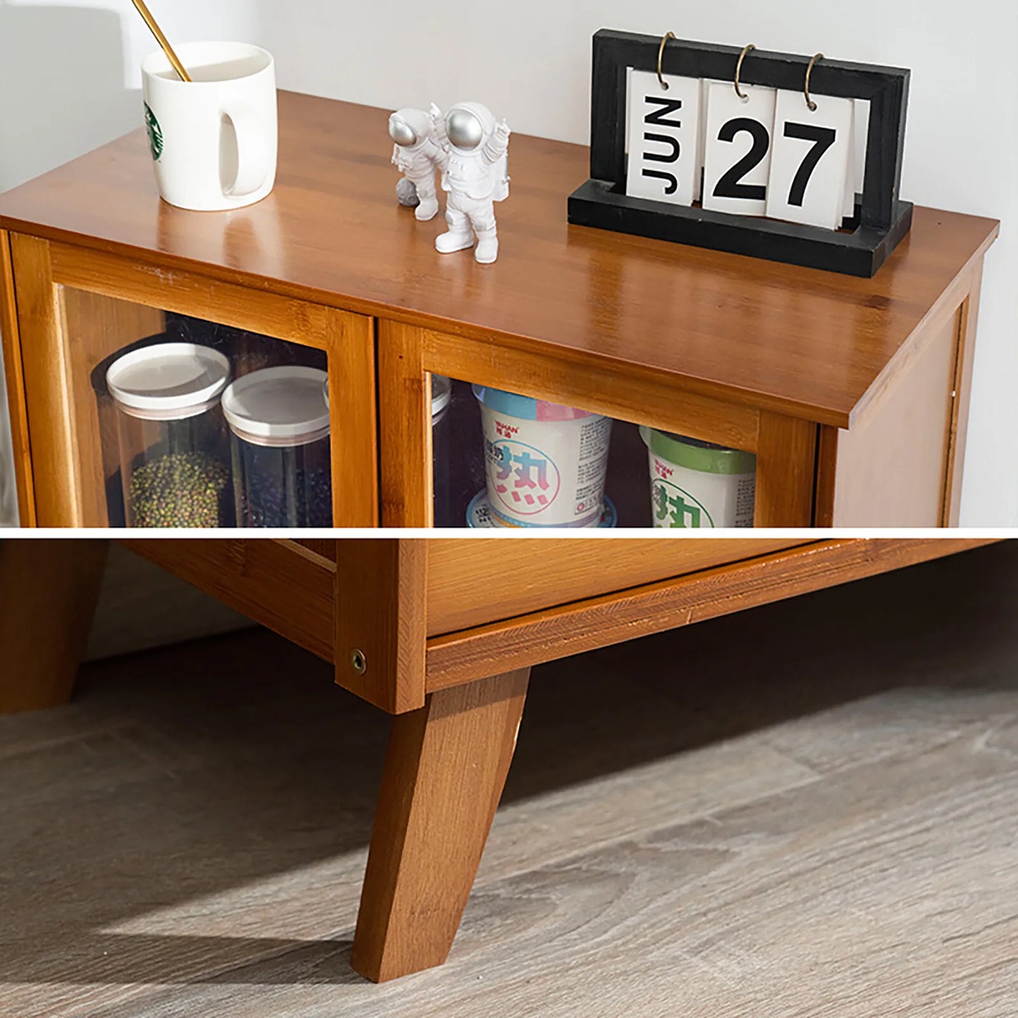 Vintage Style Kitchen Storage Cabinet, 2-Tier Bamboo Sideboard with Smooth Drawers for Kitchen and Dining Area