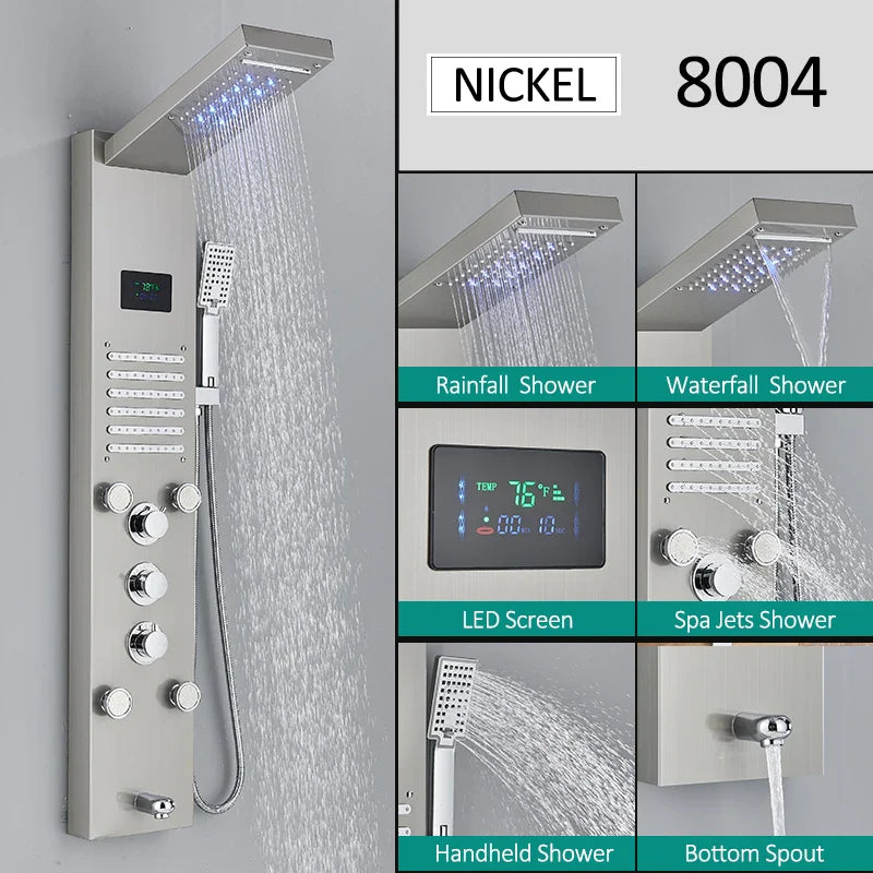 LED Shower Panel Tower System Rain Waterfall Shower LCD Display With Massage  Shower Faucet