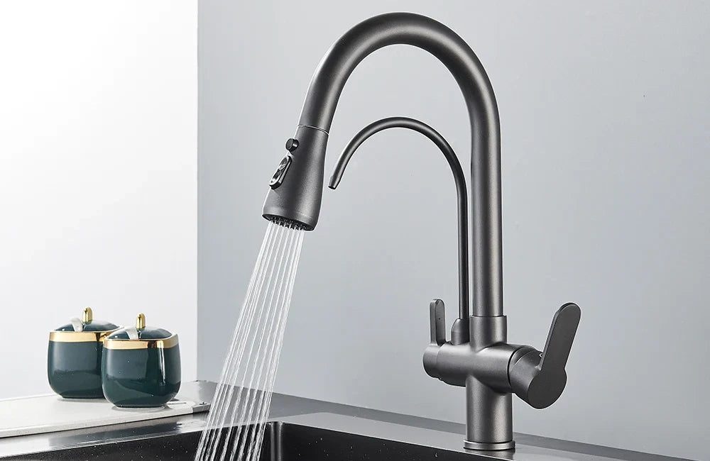 Quyanre Matte Black Filtered Crane For Kitchen Pull Out Spray 360 Rotation Water Sink Mixer Kitchen Faucet