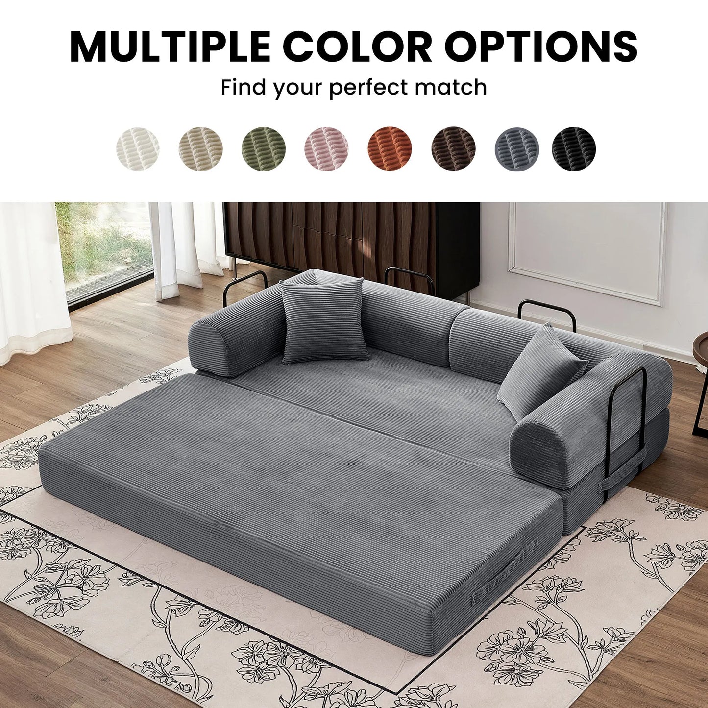 79" Convertible Sofa Bed with Fixed-Shape Frame & Removable Armrests, Modular Corduroy