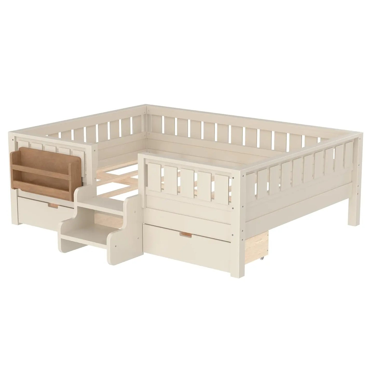 Full Size Kids Montessori Bed Frame with Stairs Bookshelf Drawers Storage Low Profile, 6 different finishes^








differeny