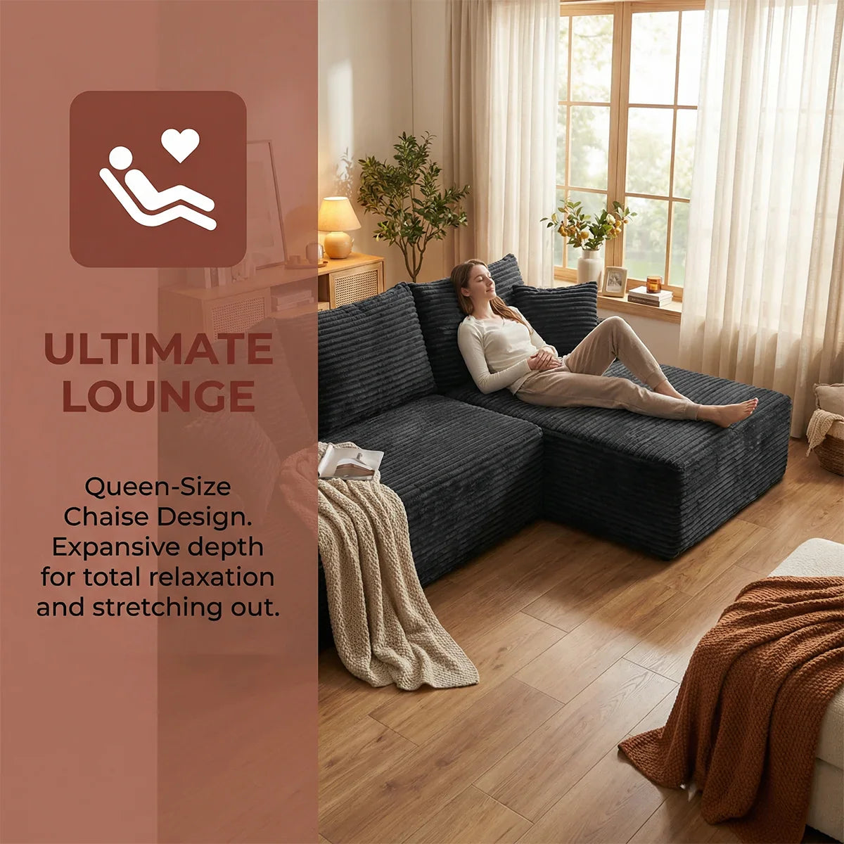 95" L-Shaped Sofa Chaise, Rabbit Fleece Upholstery, Ultra Soft & Comfortable, Ready to Use Out of the Box