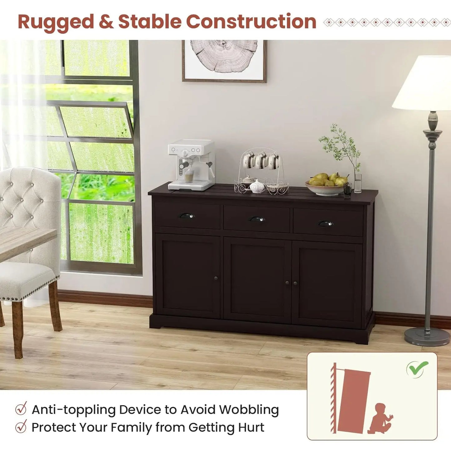 Kitchen Buffet Sideboard, Wood Storage Cabinet w/ 3 Drawers and 2 Cupboards,