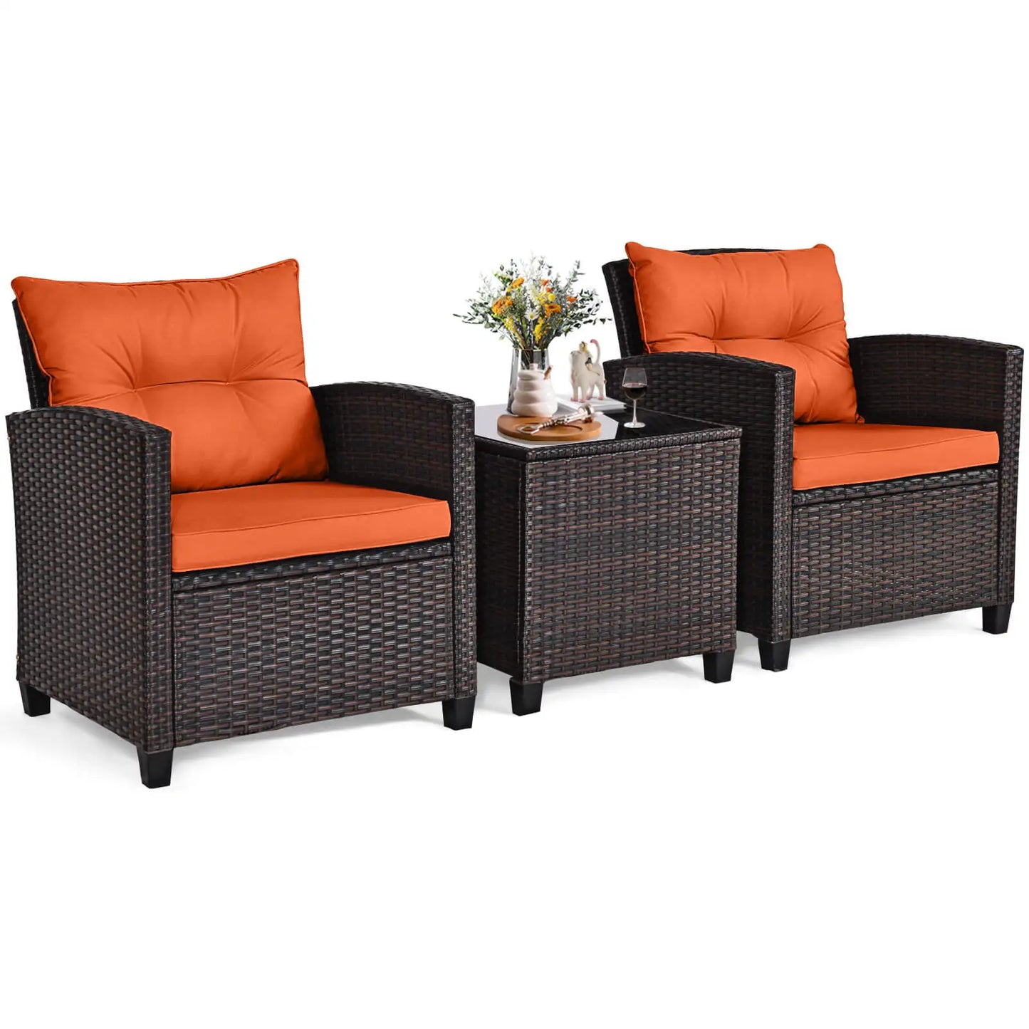 3 PCS Patio Rattan Furniture Set Cushioned  Sofa Orange