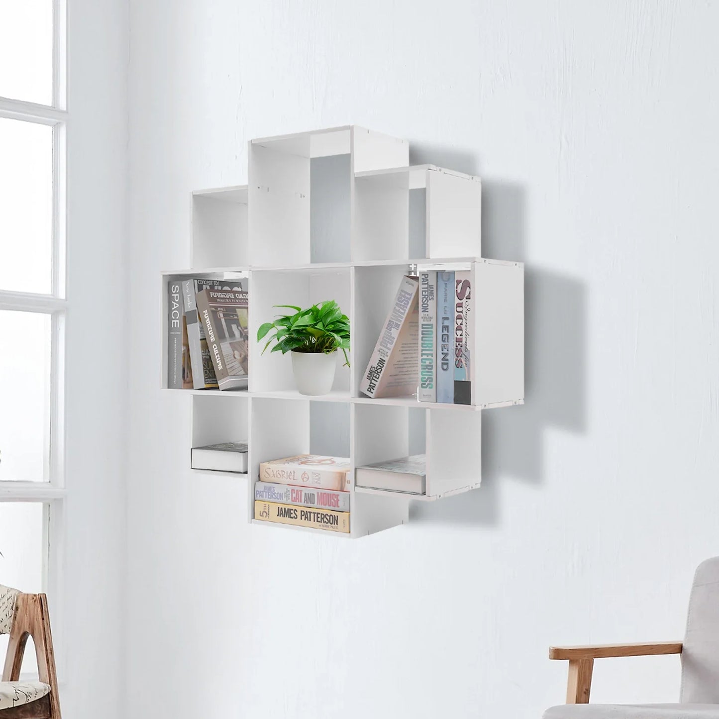 Wall Mounted Irregular Multi-Cube Bookcase, 3-Tier Floating Shelf with 30kg/66lb Load Capacity