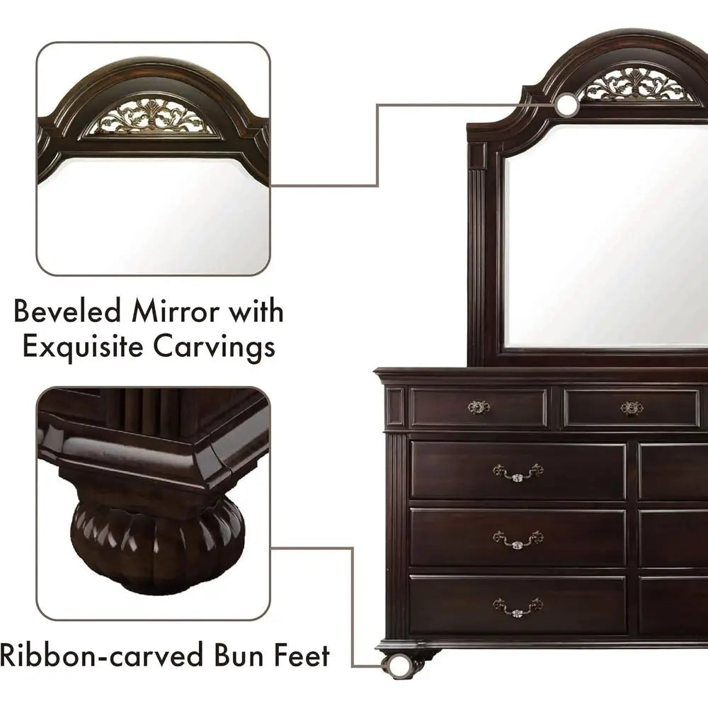 6-Piece Solid Wood Traditional Bedroom Set with Chest, Mirrored Dresser, 2 Nightstands,