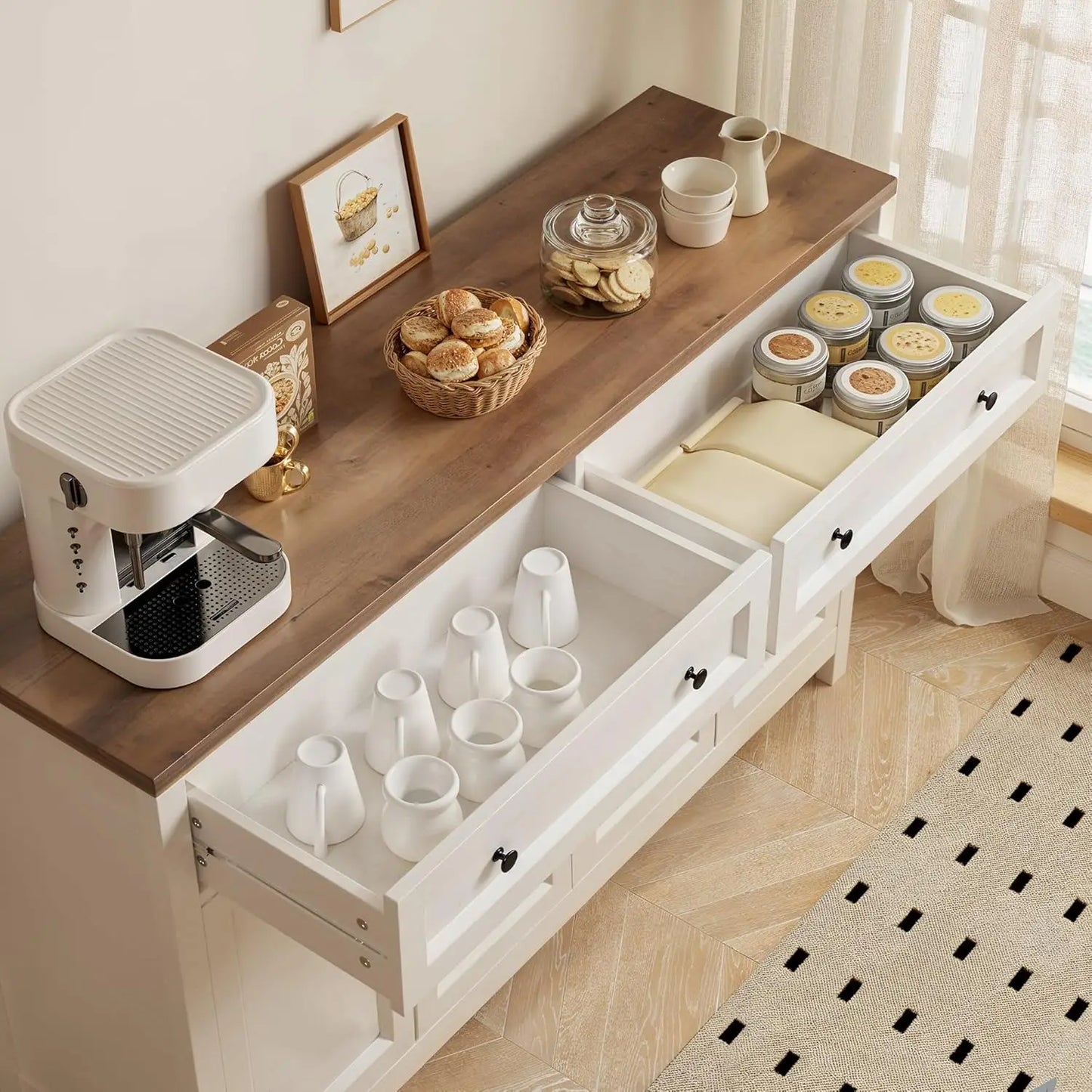 Farmhouse Kitchen Sideboard Buffet Cabinet with Storage, Wood Coffee Bar and Storage Sideboard