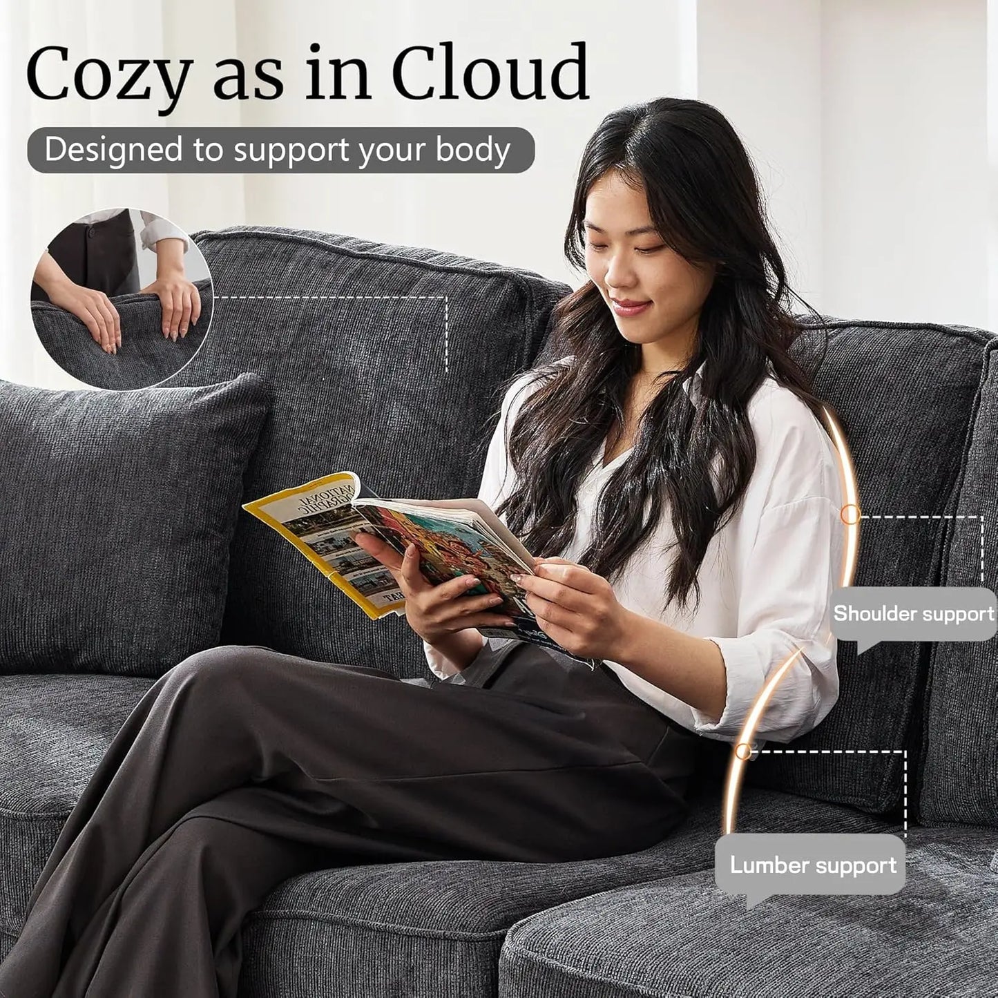 89 inch Cloud Couch Sofa in Chenile with Extra Comfy Soft Deep Seats, Modern 3 Seater