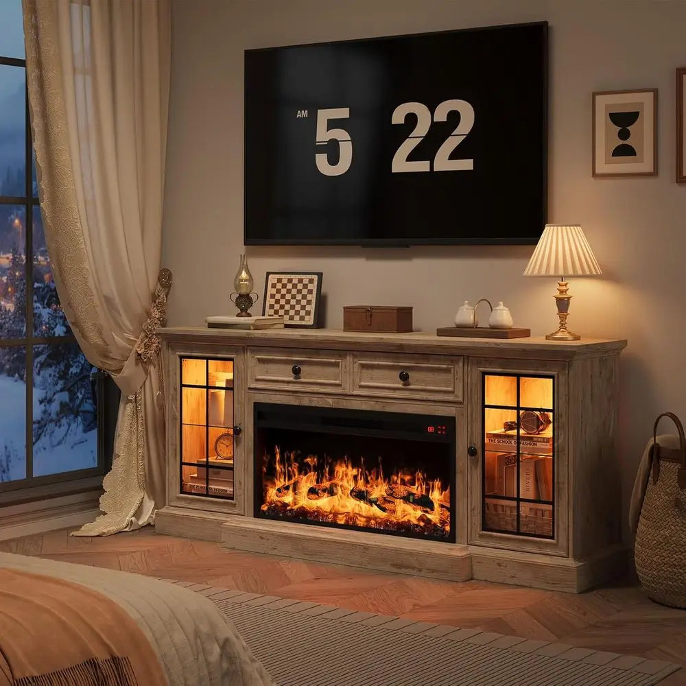 Modern 70 Farmhouse TV Stand with 36 LED Electric Fireplace, Storage Cabinet & Drawer for 80 TVs