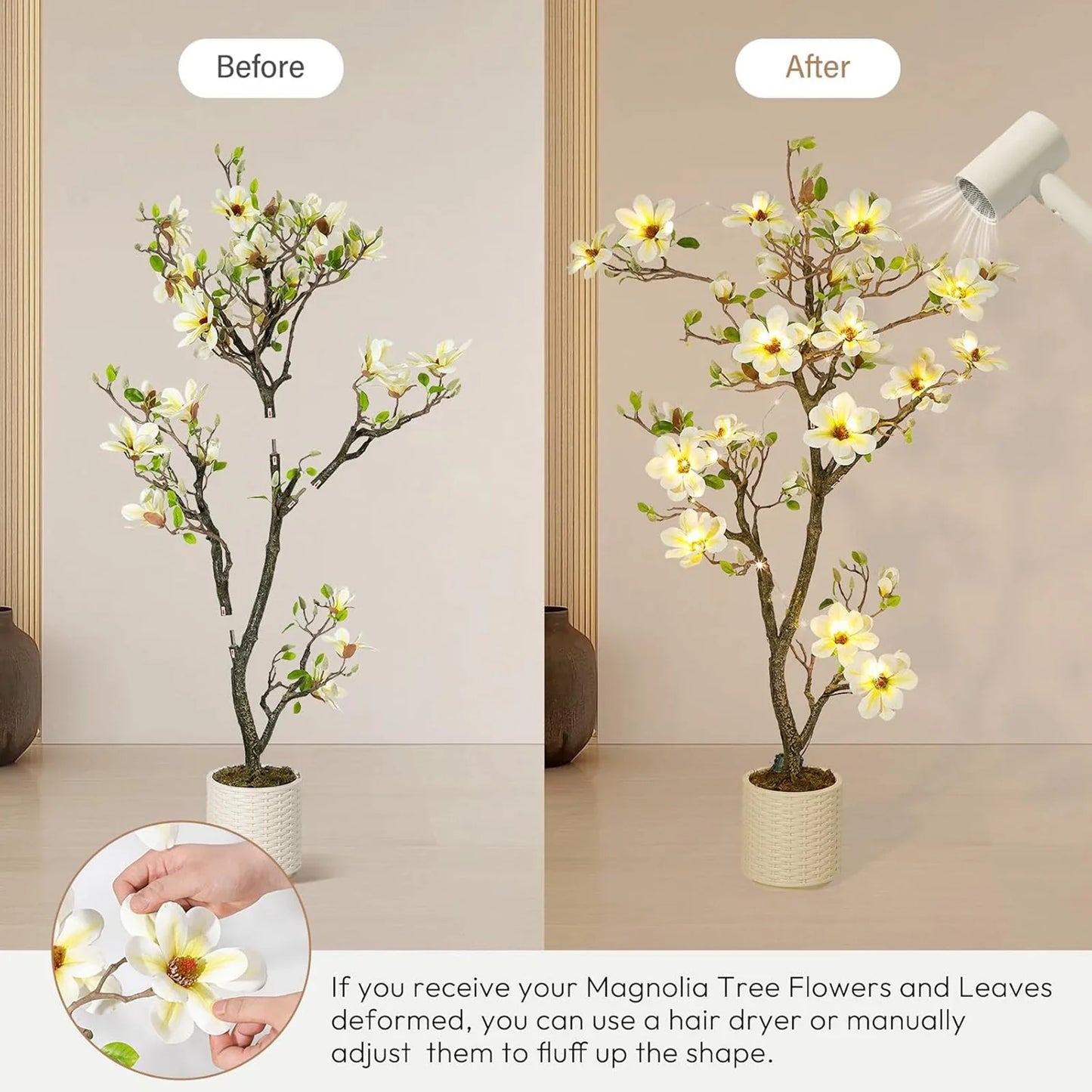 Artificial Magnolia Plant Faux Flower Trees  with LED Light for Yard Patio Home
