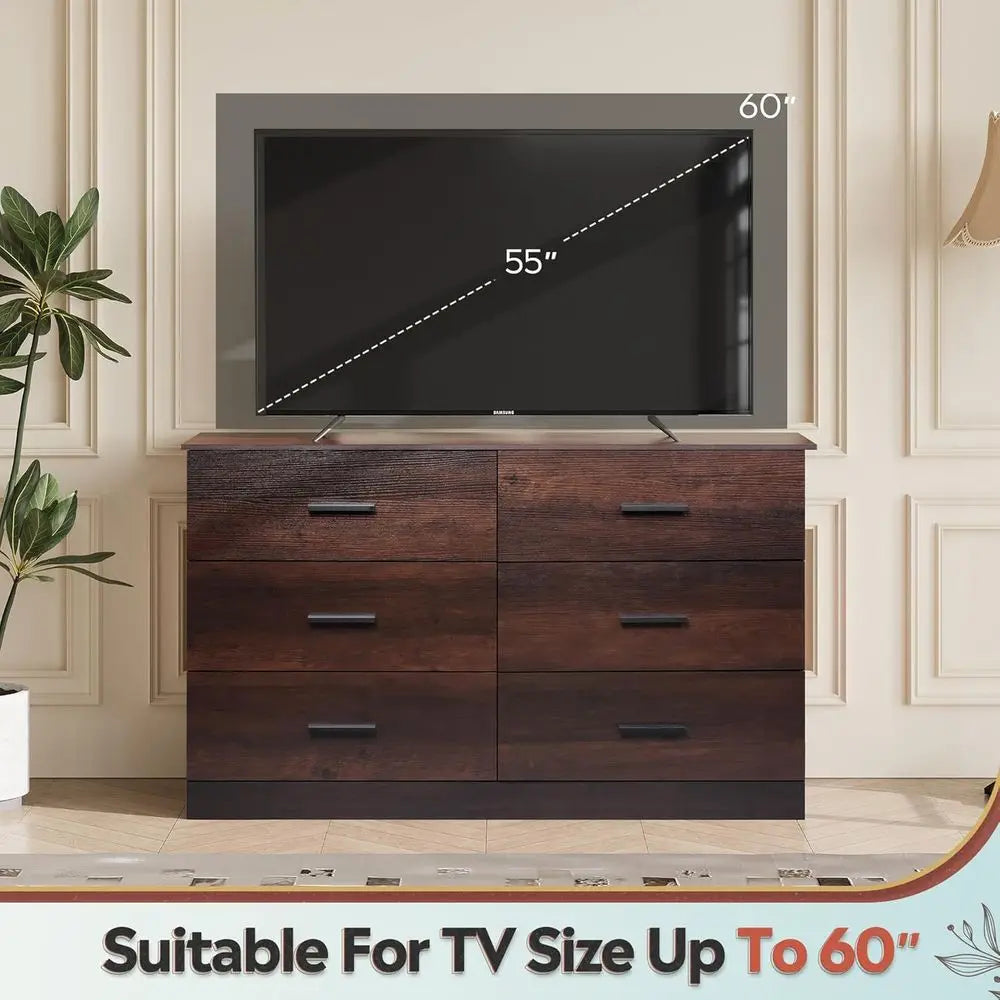 Elegant Wooden Dresser for Bedroom, with 6 Drawers, Large Brown Storage Unit,