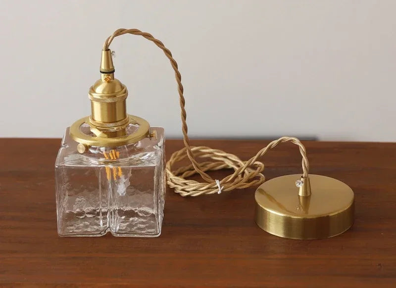 Japanese Retro Glass Pendant Light Yellow Copper Bedroom Chandelier Lightingt